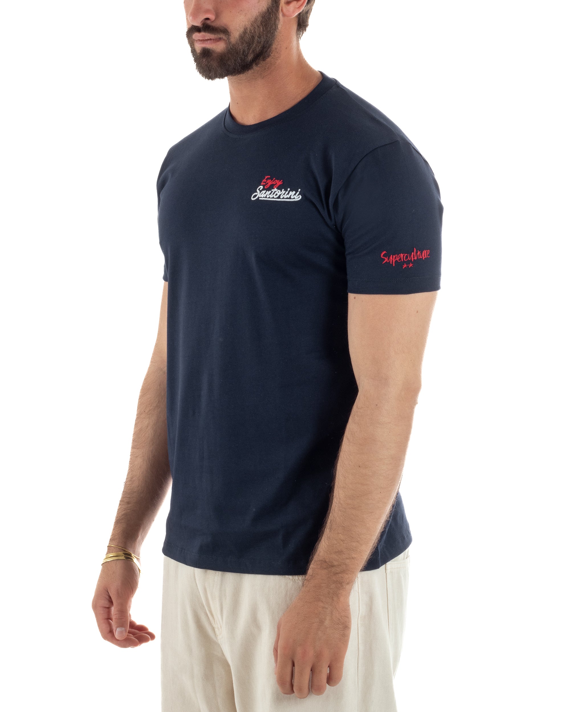 T-shirt uomo girocollo ricamo stampa santorini basic blu SUPERCULTURE-A1831