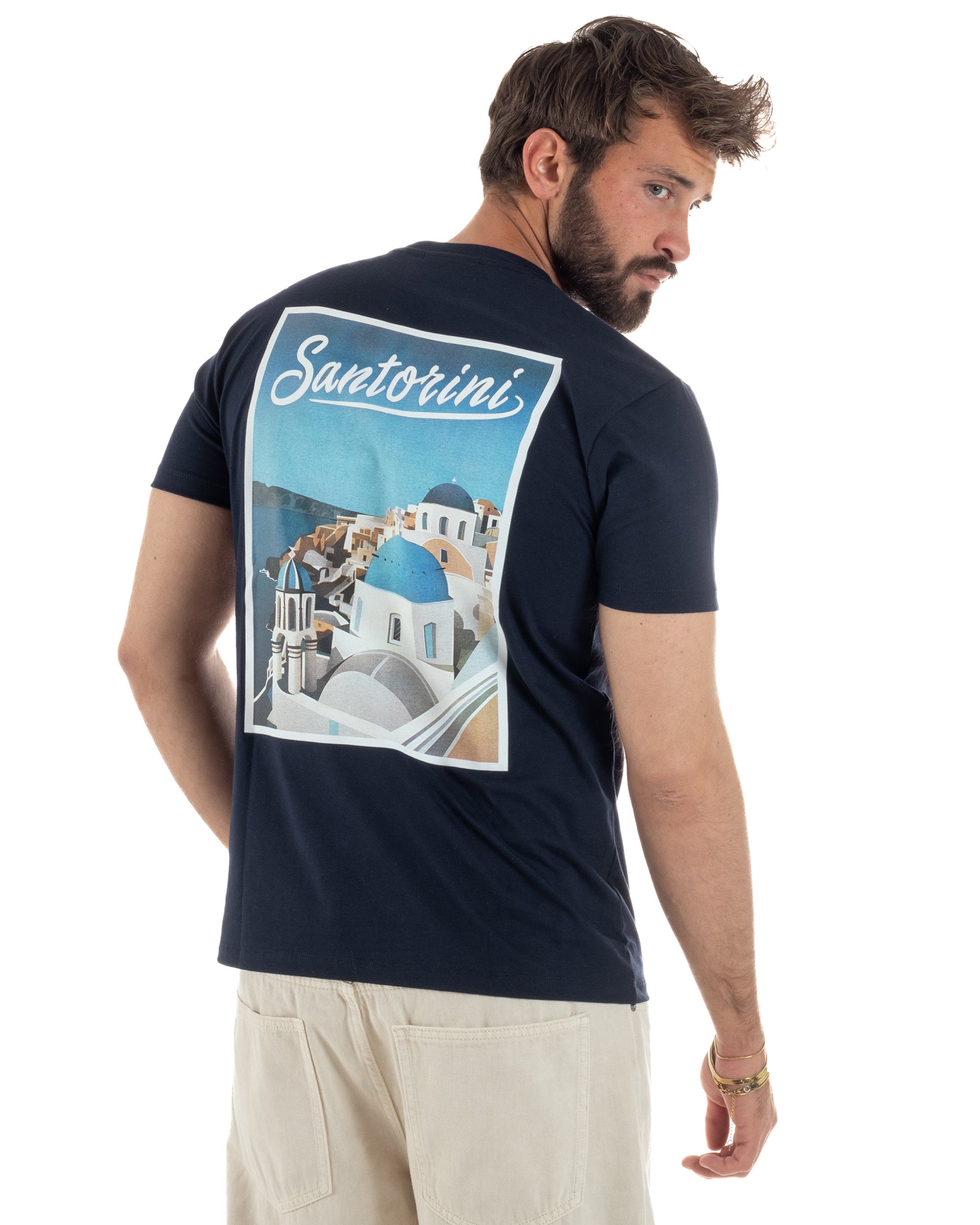 T-shirt uomo girocollo ricamo stampa santorini basic blu SUPERCULTURE-A1831