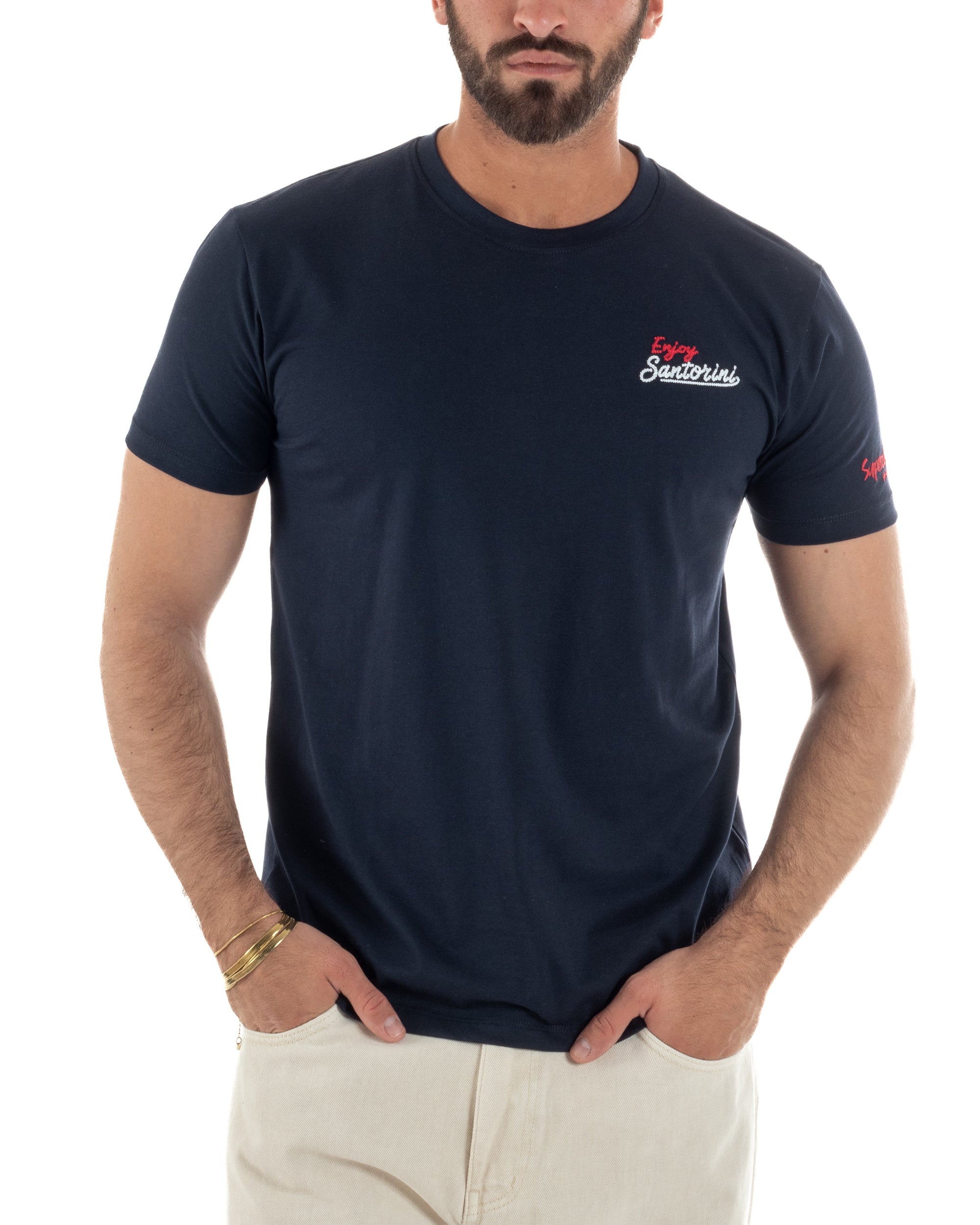 T-shirt uomo girocollo ricamo stampa santorini basic blu SUPERCULTURE-A1831