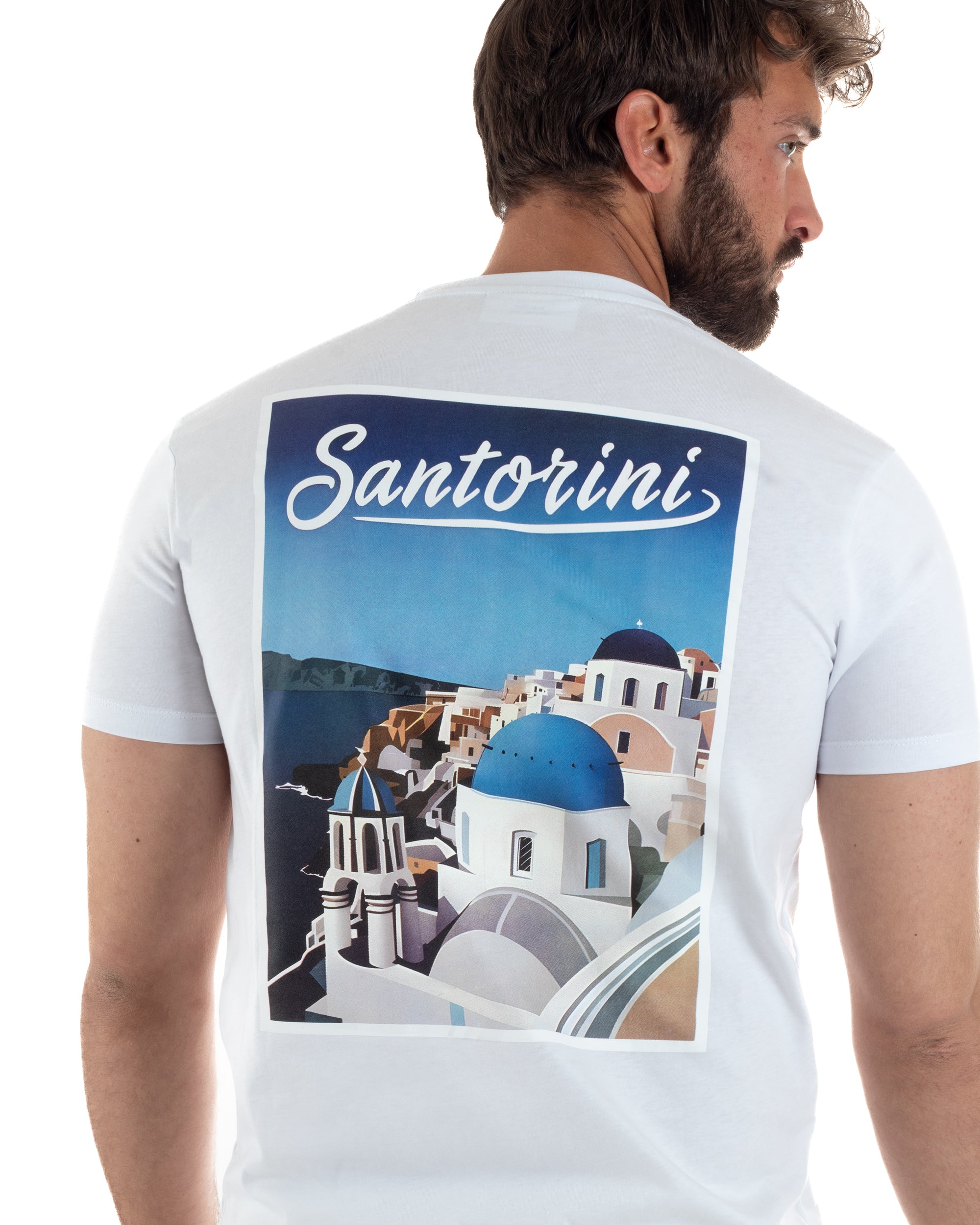 T-shirt uomo girocollo ricamo stampa santorini basic bianco SUPERCULTURE-A1831