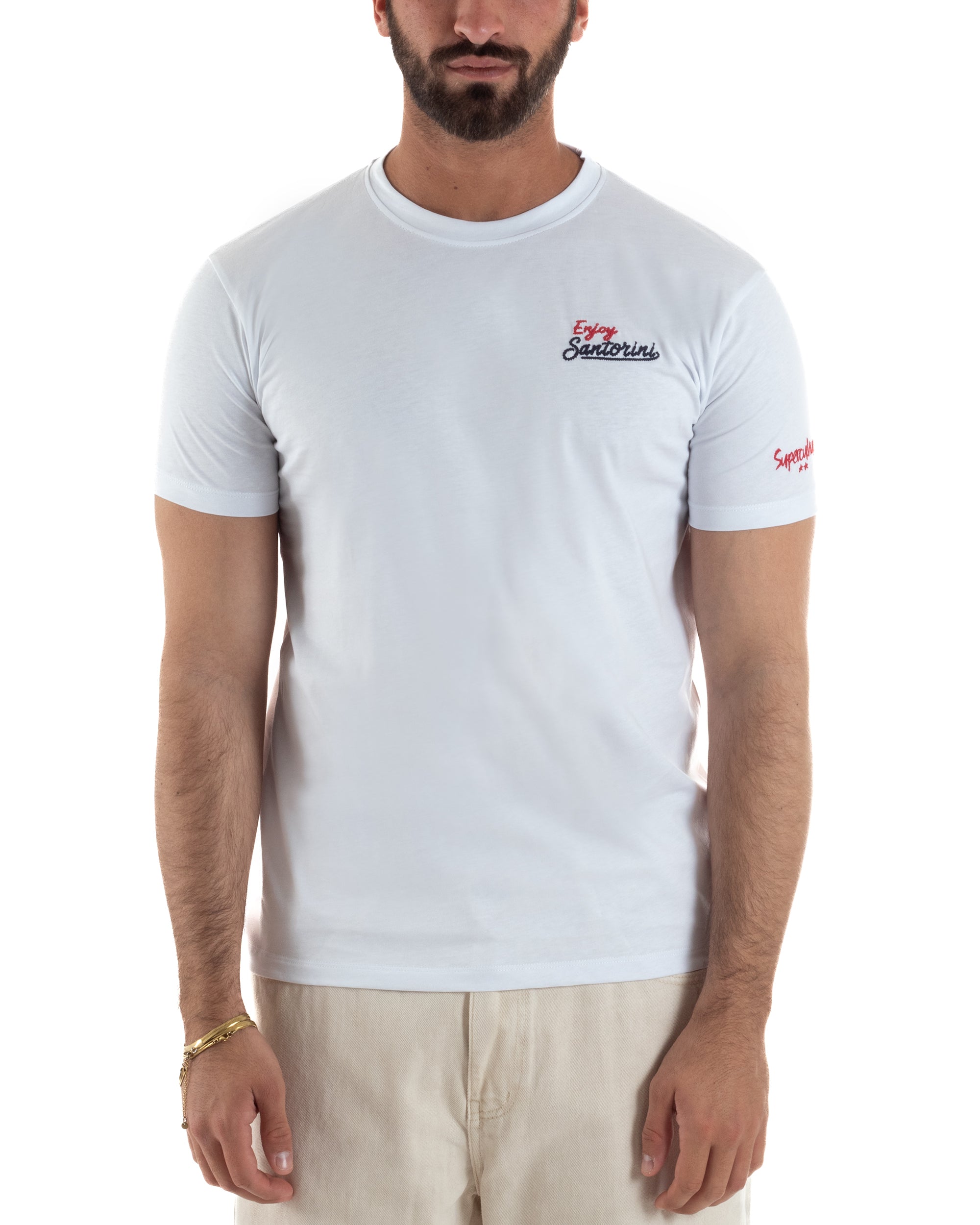 T-shirt uomo girocollo ricamo stampa santorini basic bianco SUPERCULTURE-A1831