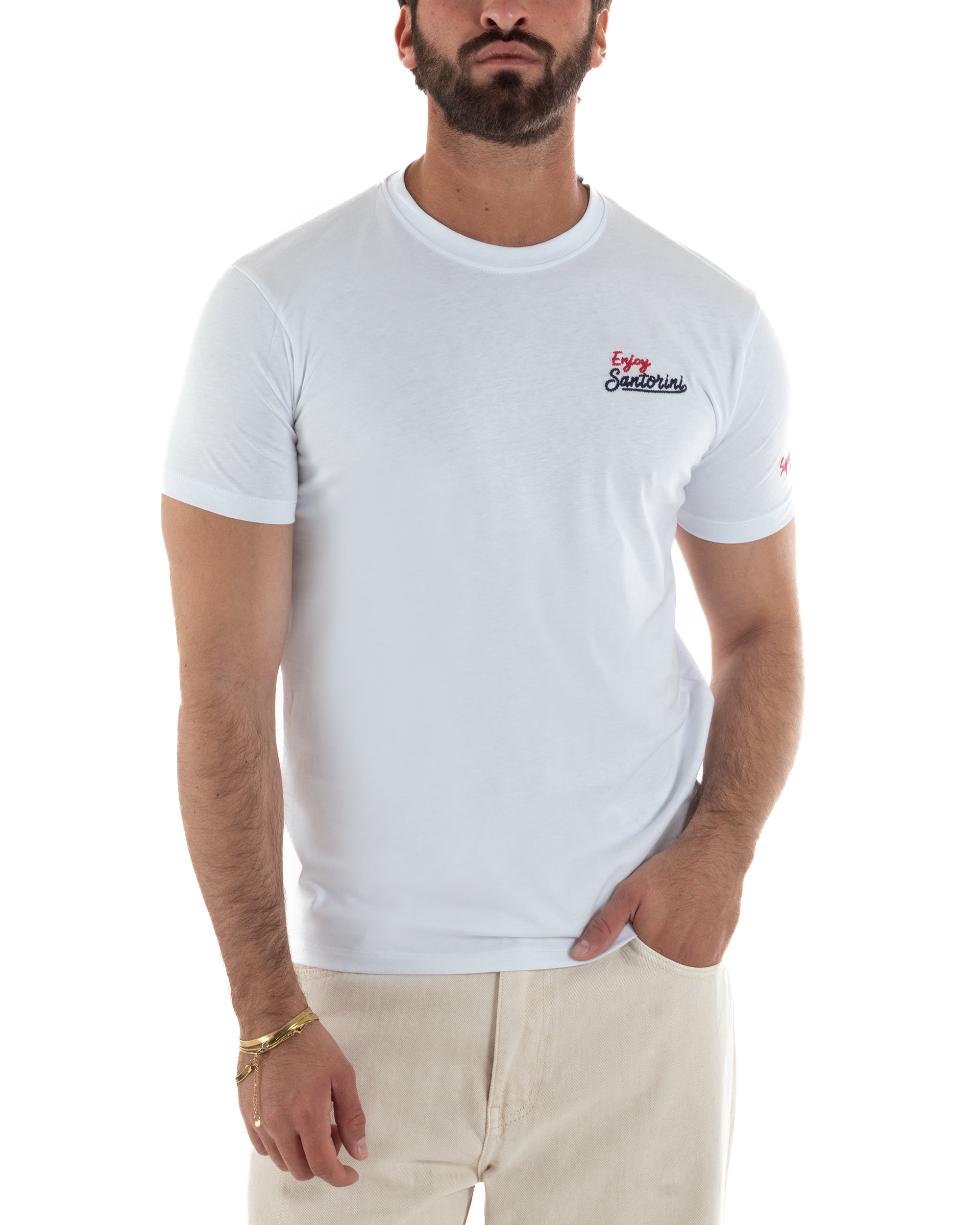 T-shirt uomo girocollo ricamo stampa santorini basic bianco SUPERCULTURE-A1831