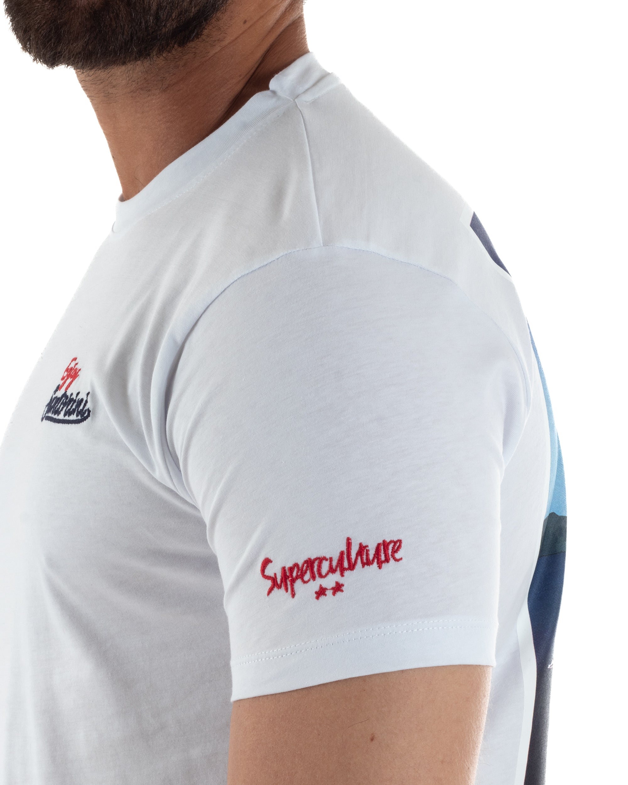 T-shirt uomo girocollo ricamo stampa santorini basic bianco SUPERCULTURE-A1831