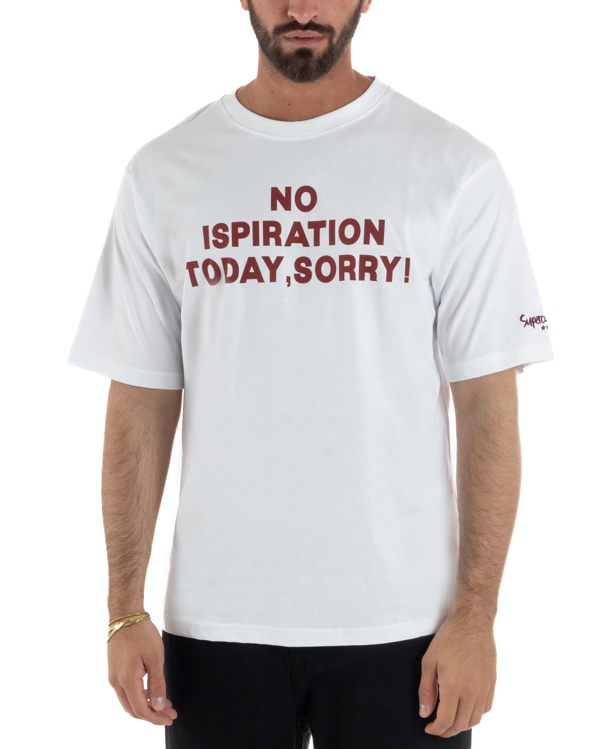 T-shirt uomo bianco boxy fit stampa tipografica No Ispiration Today slab-serif Superculture