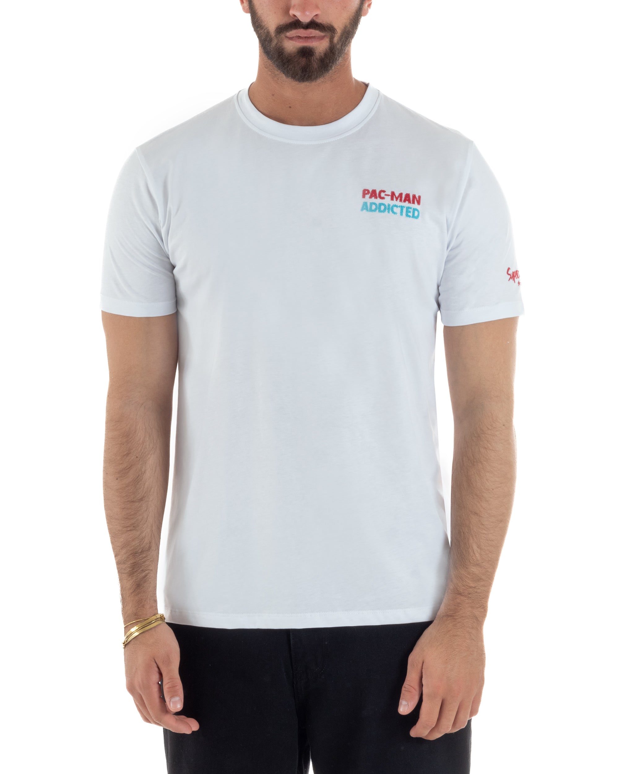 T-shirt uomo girocollo ricamo stampa pac man basic bianco SUPERCULTURE-A1981