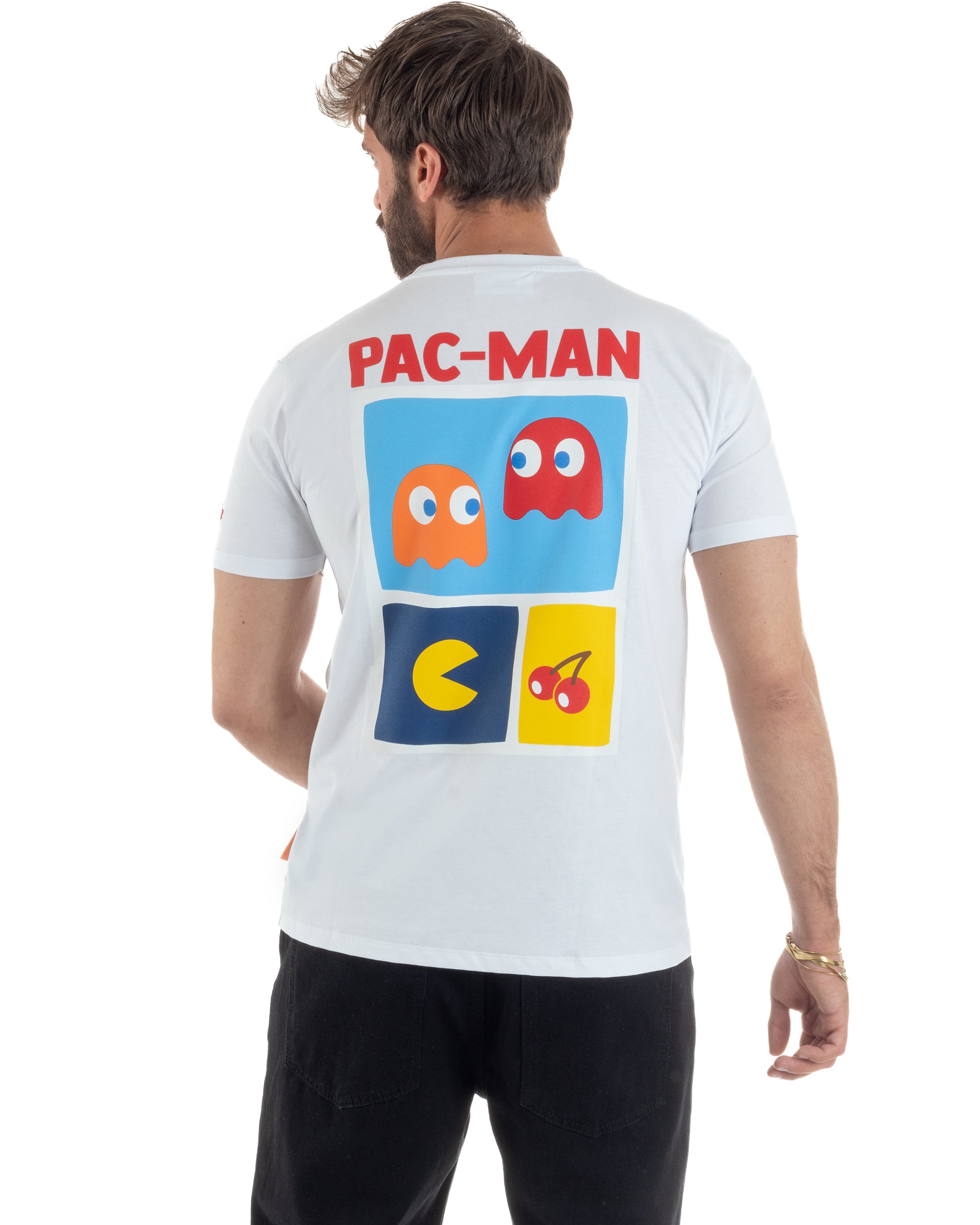 T-shirt uomo girocollo ricamo stampa pac man basic bianco SUPERCULTURE-A1981