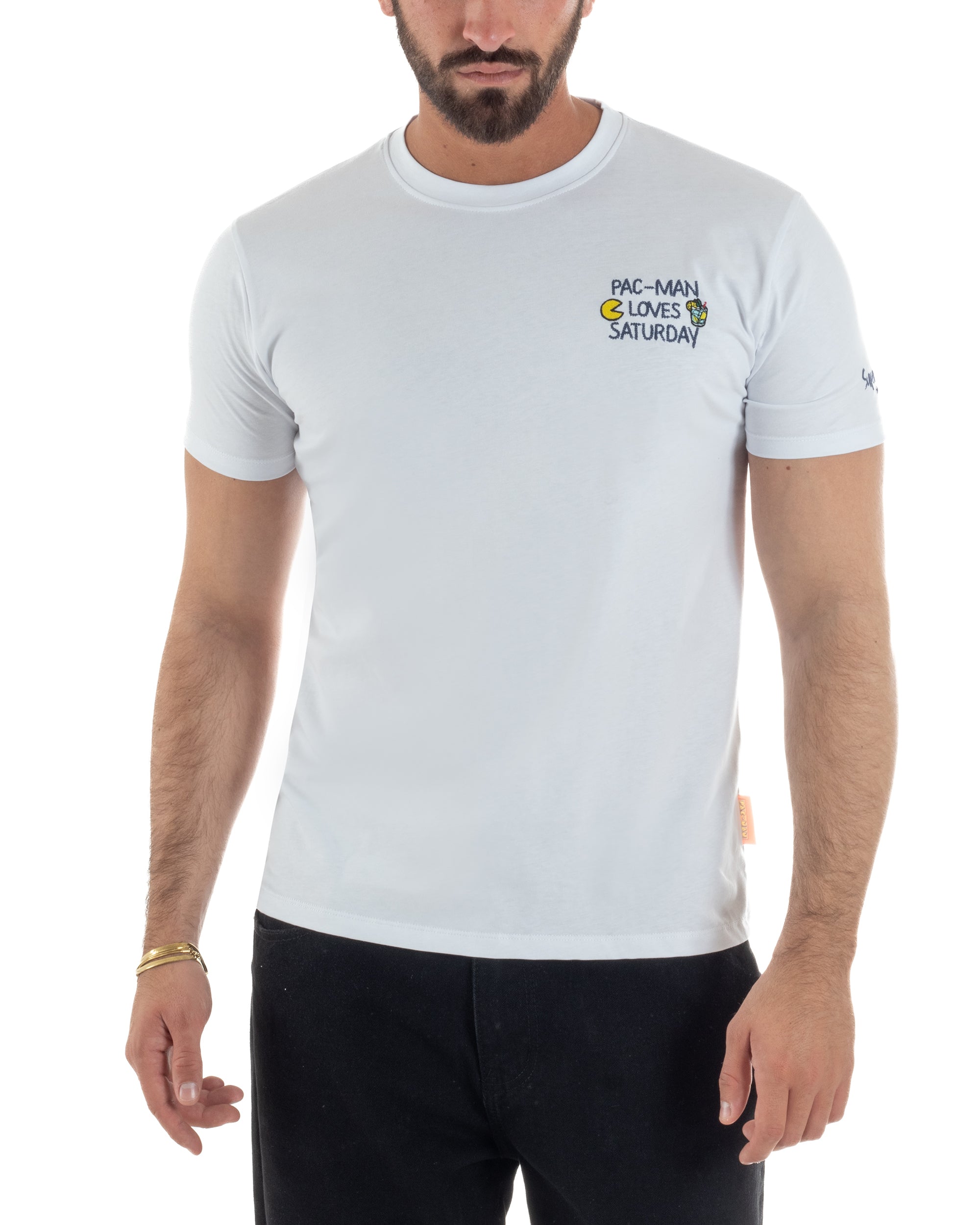 T-shirt uomo bianco regular fit ricamo Pac-Man Loves Saturday bicchiere highball Superculture