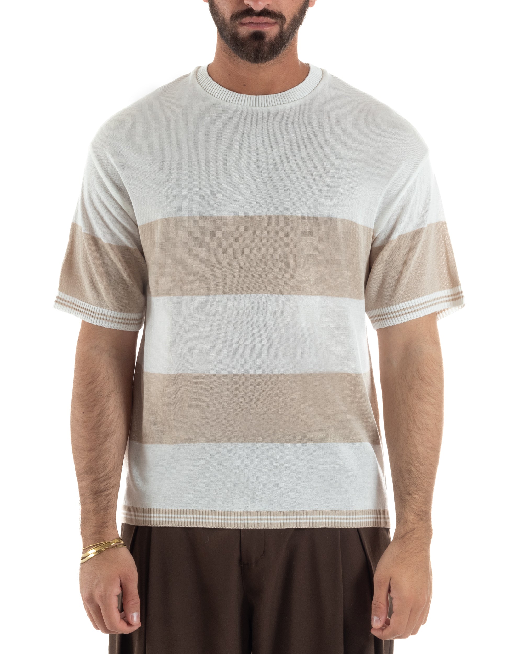 T-Shirt filo uomo girocollo rigata bicolore beige bianco BlackSunday-TS3255A