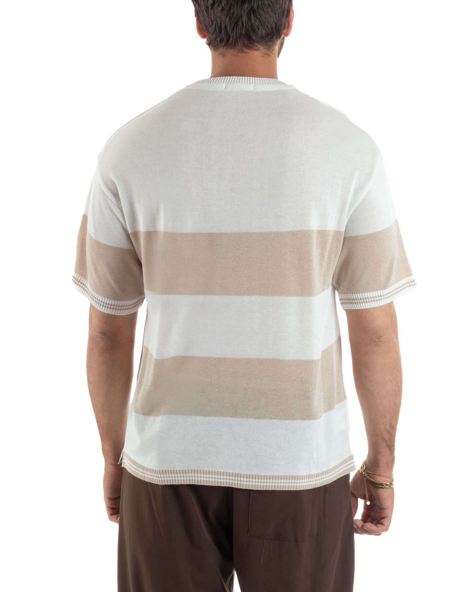 Vista completa posteriore t-shirt filo uomo bicolore righe panna beige regular fit 100% acrilico