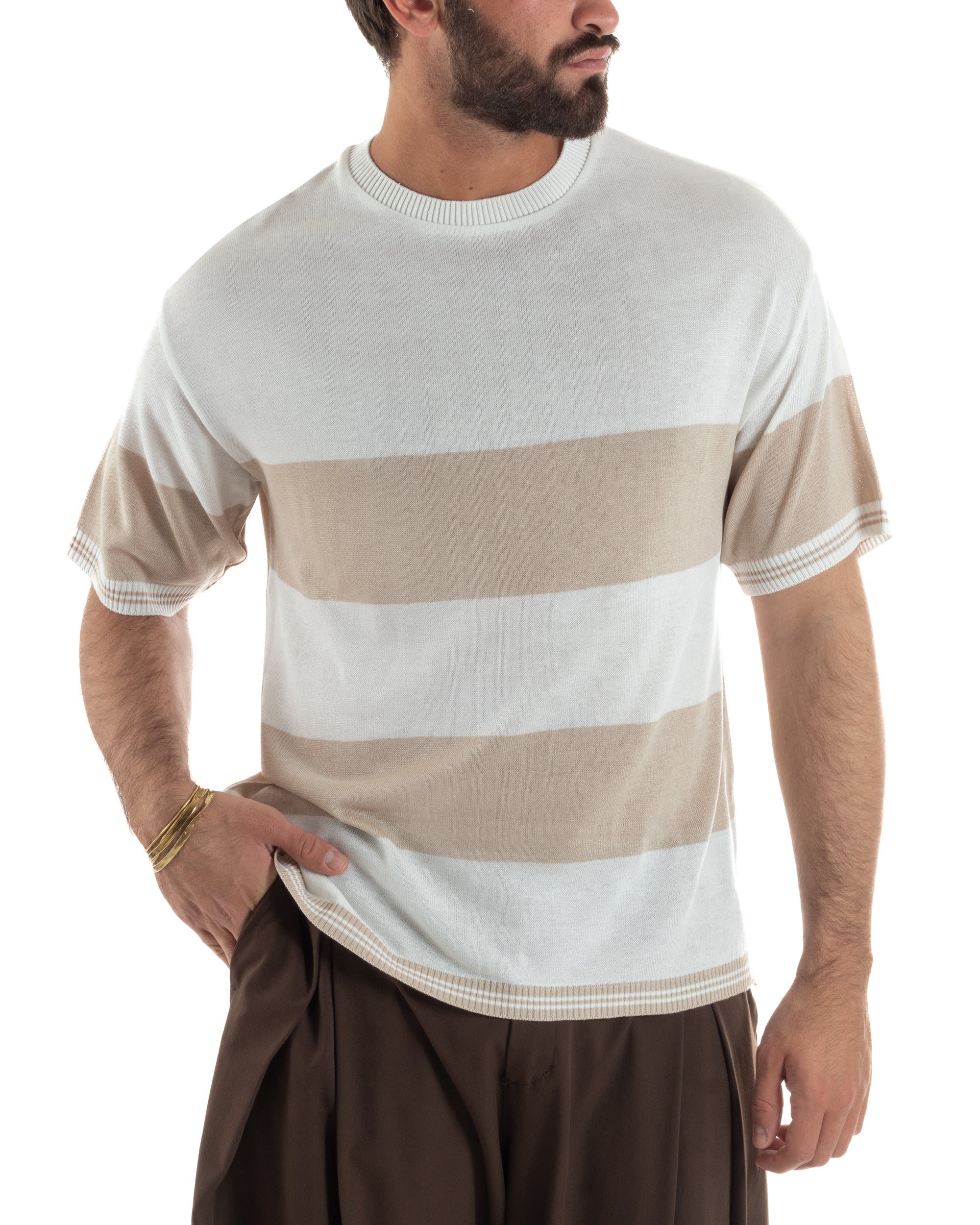 T-shirt filo uomo panna beige righe orizzontali maxi bicolore girocollo regular fit