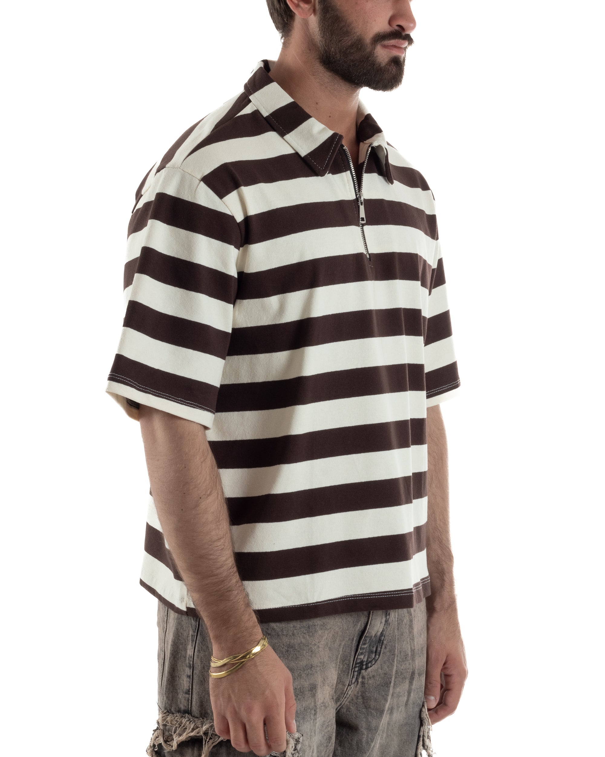 Polo uomo t-shirt boxy crop con zip righe larghe panna marrone GIOSAL-TS3256A