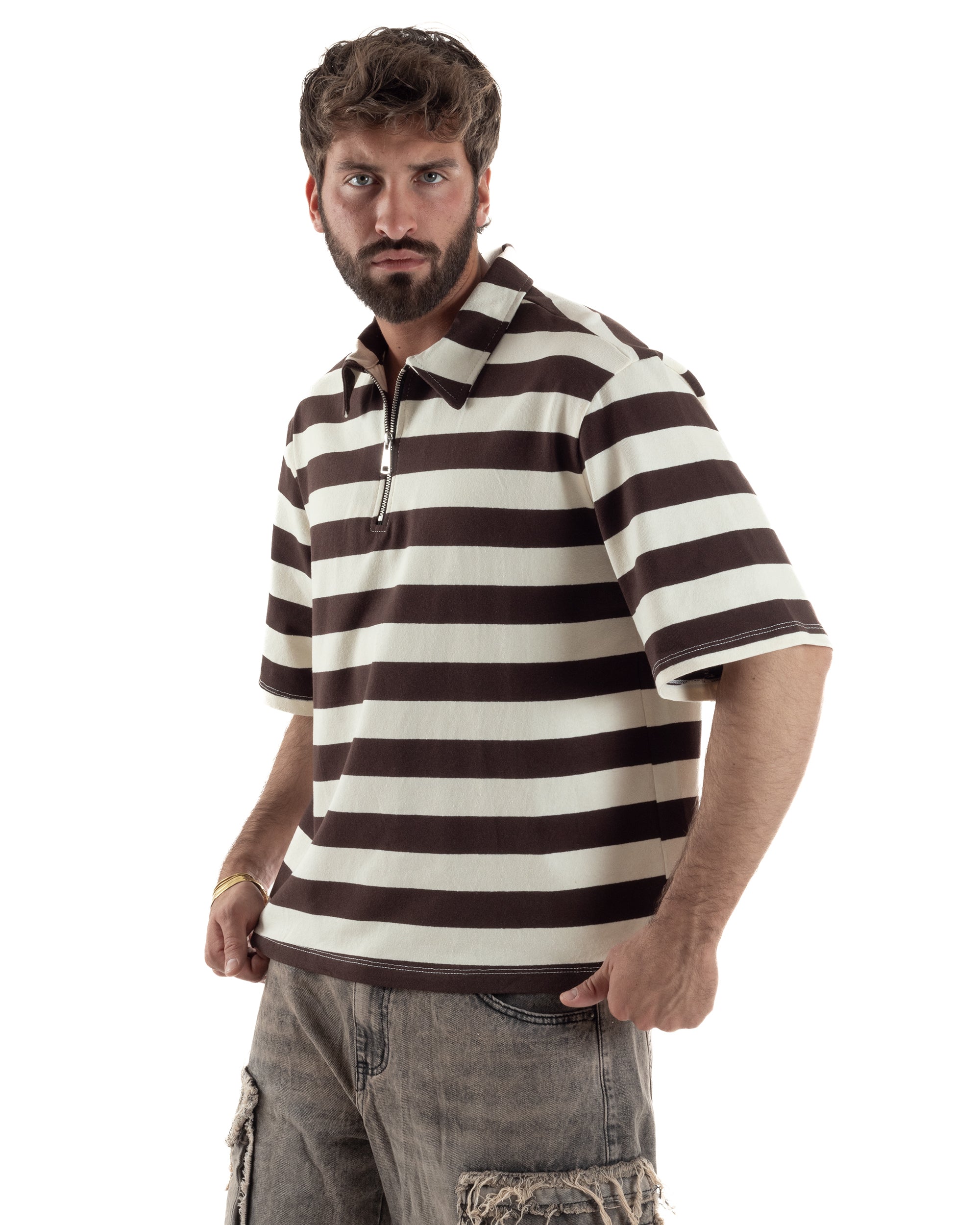 Polo uomo t-shirt boxy crop con zip righe larghe panna marrone GIOSAL-TS3256A