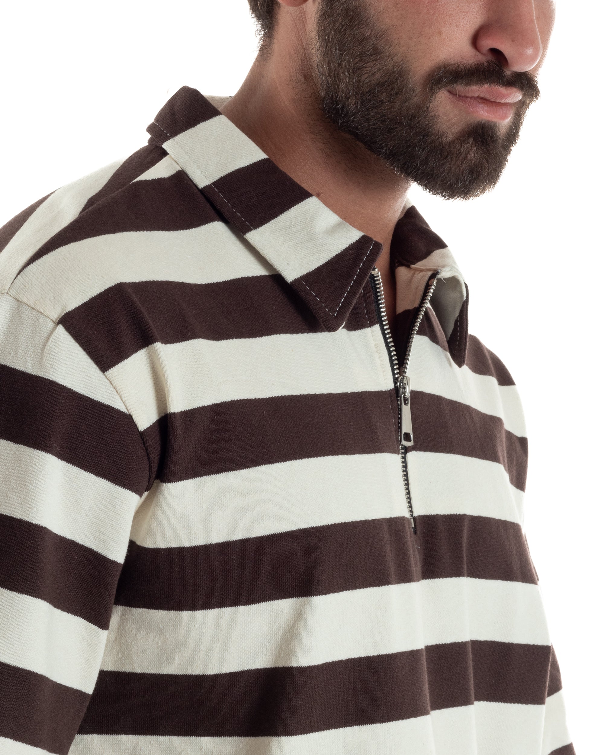 Polo uomo t-shirt boxy crop con zip righe larghe panna marrone GIOSAL-TS3256A