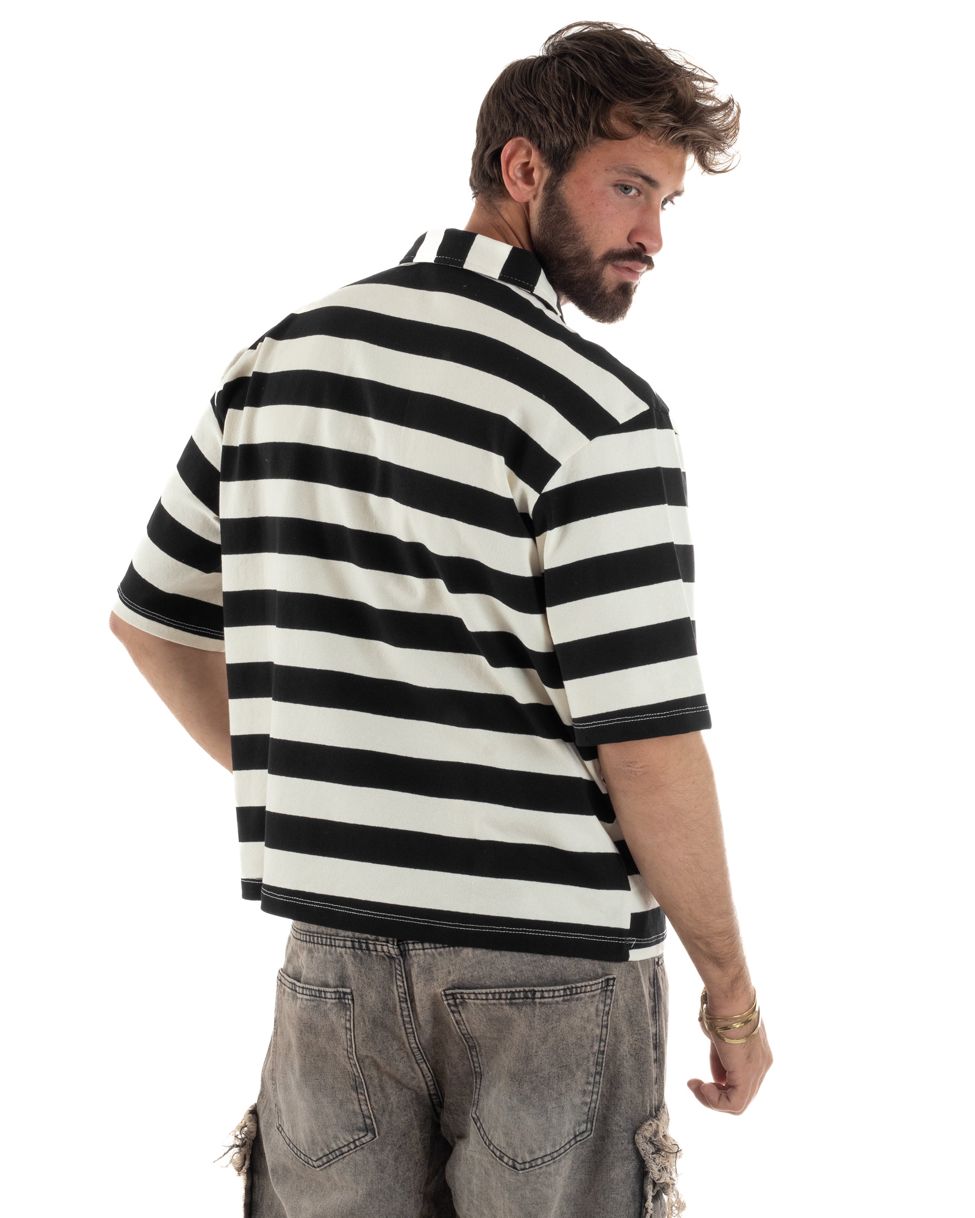 Polo uomo t-shirt boxy crop con zip righe larghe panna nero GIOSAL-TS3257A