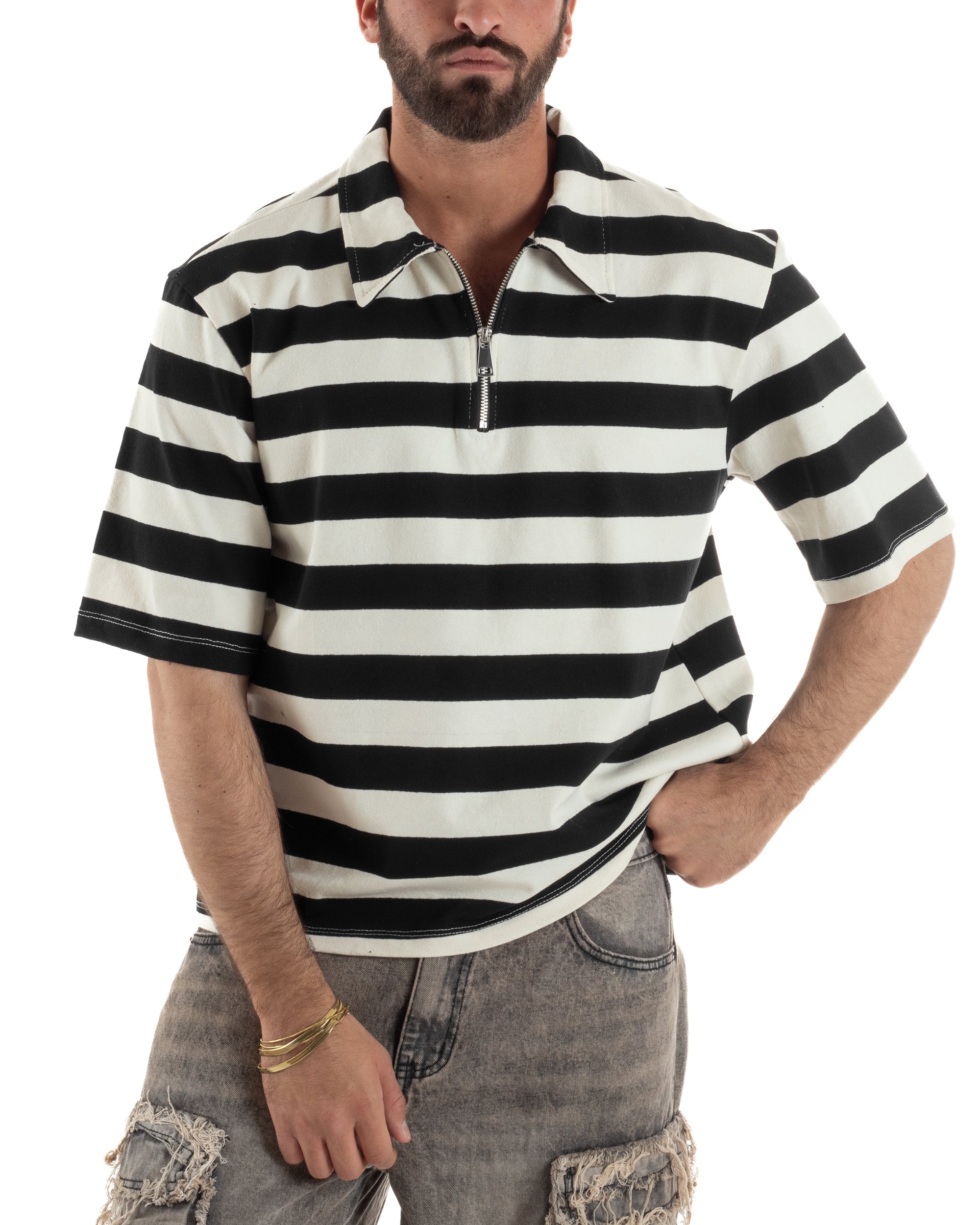 Polo uomo t-shirt boxy crop con zip righe larghe panna nero GIOSAL-TS3257A