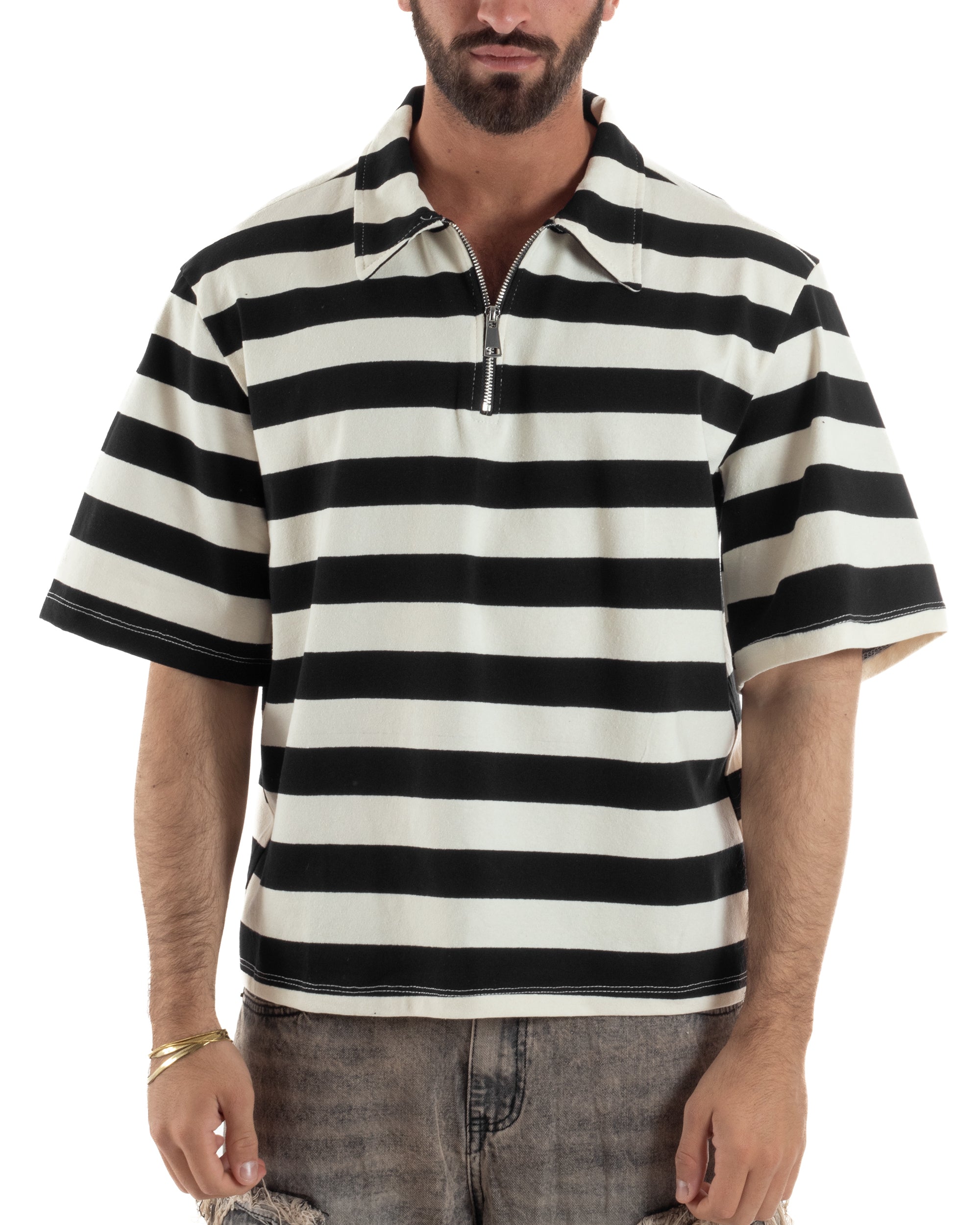 Polo uomo t-shirt boxy crop con zip righe larghe panna nero GIOSAL-TS3257A
