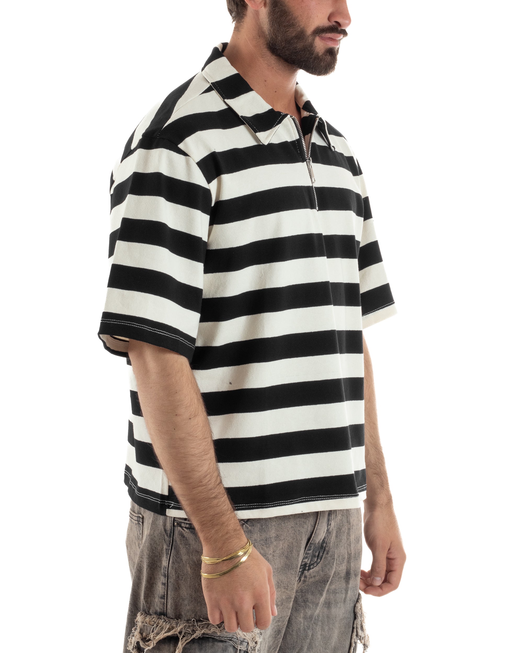 Polo uomo t-shirt boxy crop con zip righe larghe panna nero GIOSAL-TS3257A