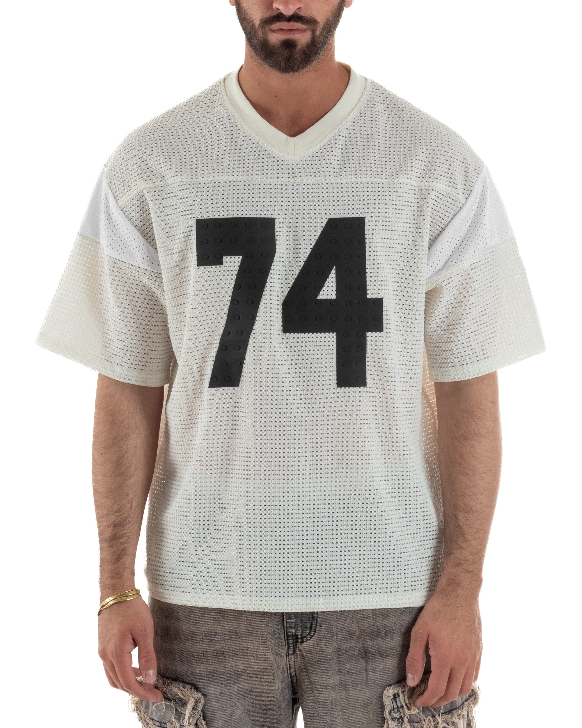 T-shirt uomo oversize football jersey scollo v traforata panna GIOSAL-TS3258A