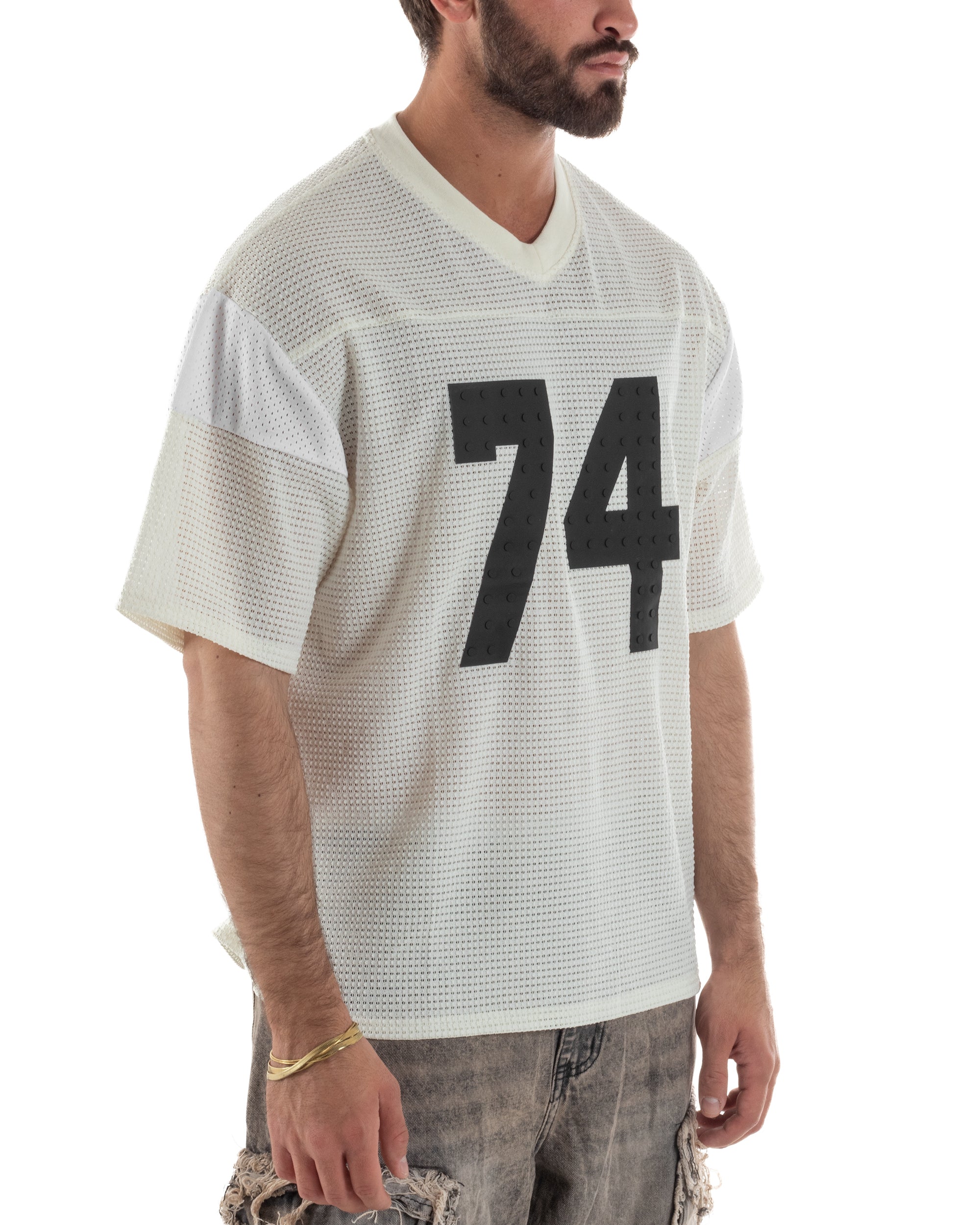 T-shirt uomo oversize football jersey scollo v traforata panna GIOSAL-TS3258A