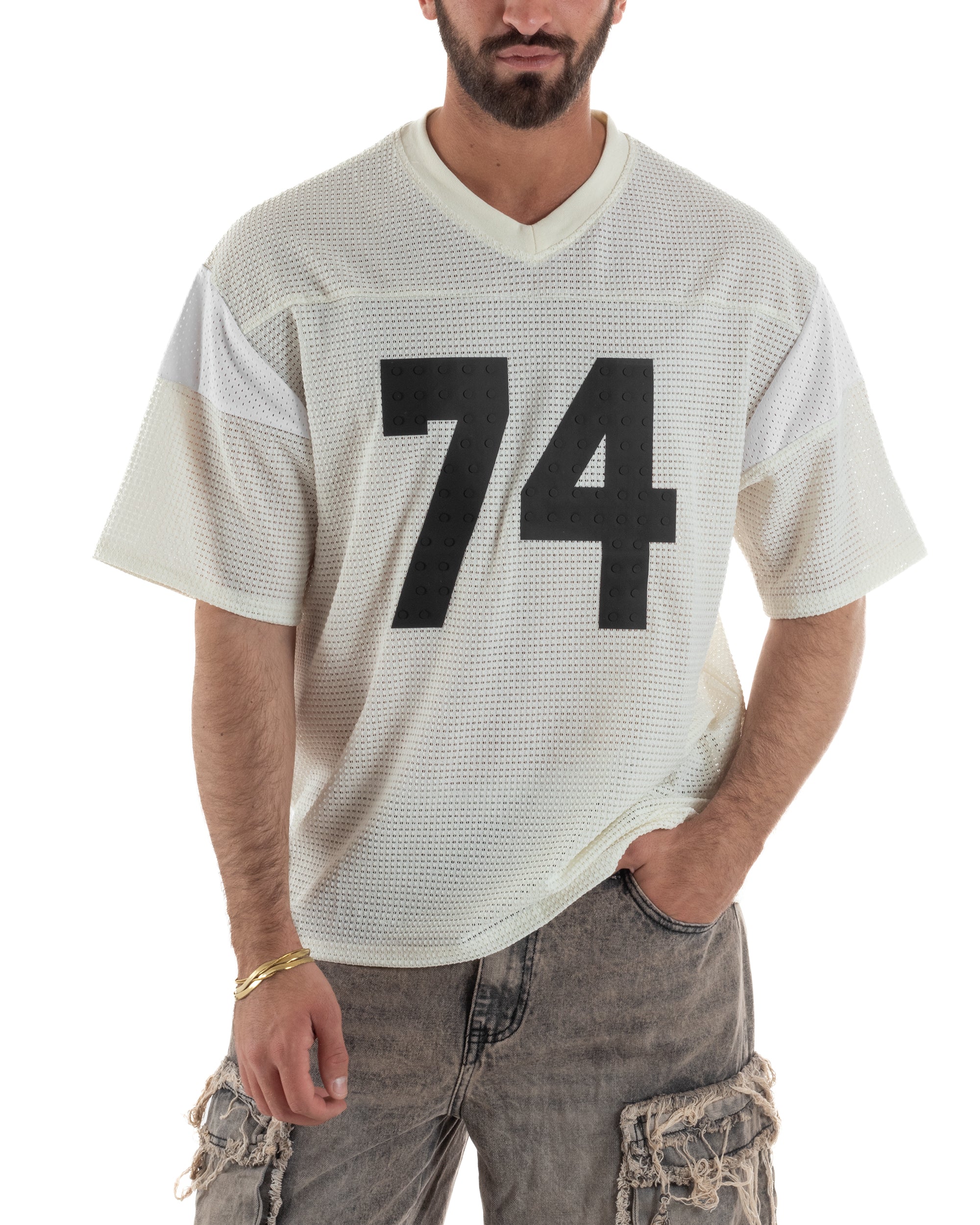 T-shirt uomo oversize football jersey scollo v traforata panna GIOSAL-TS3258A
