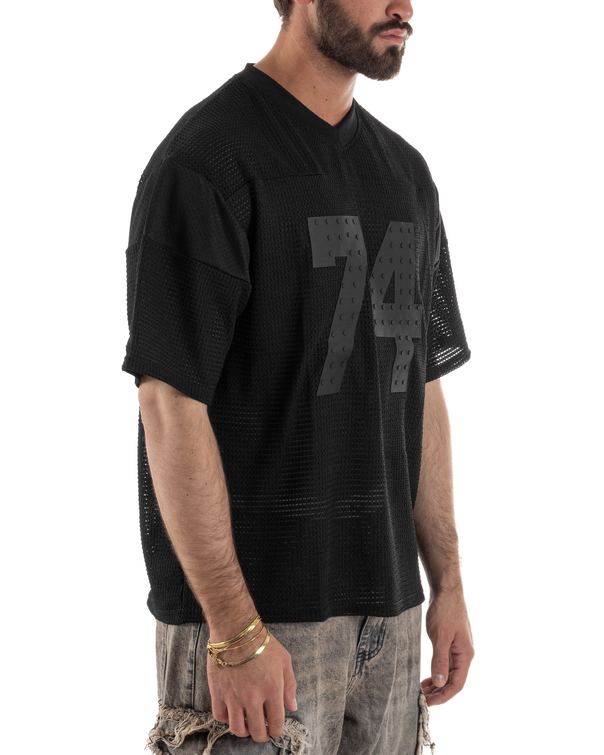 T-shirt uomo oversize football jersey scollo v traforata nero GIOSAL-TS3259A