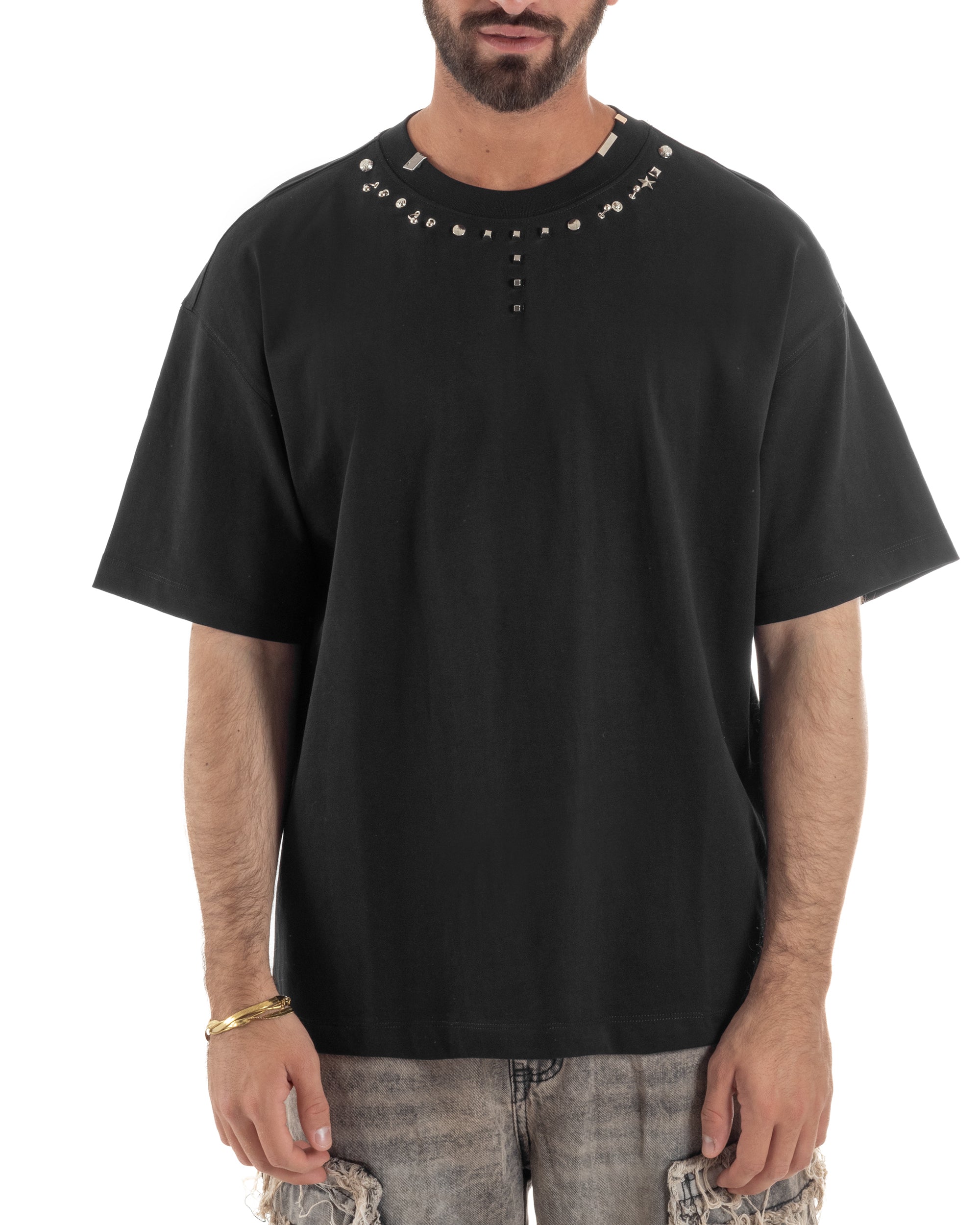 T-shirt uomo girocollo oversize borchie basic nero GIOSAL-TS3260A