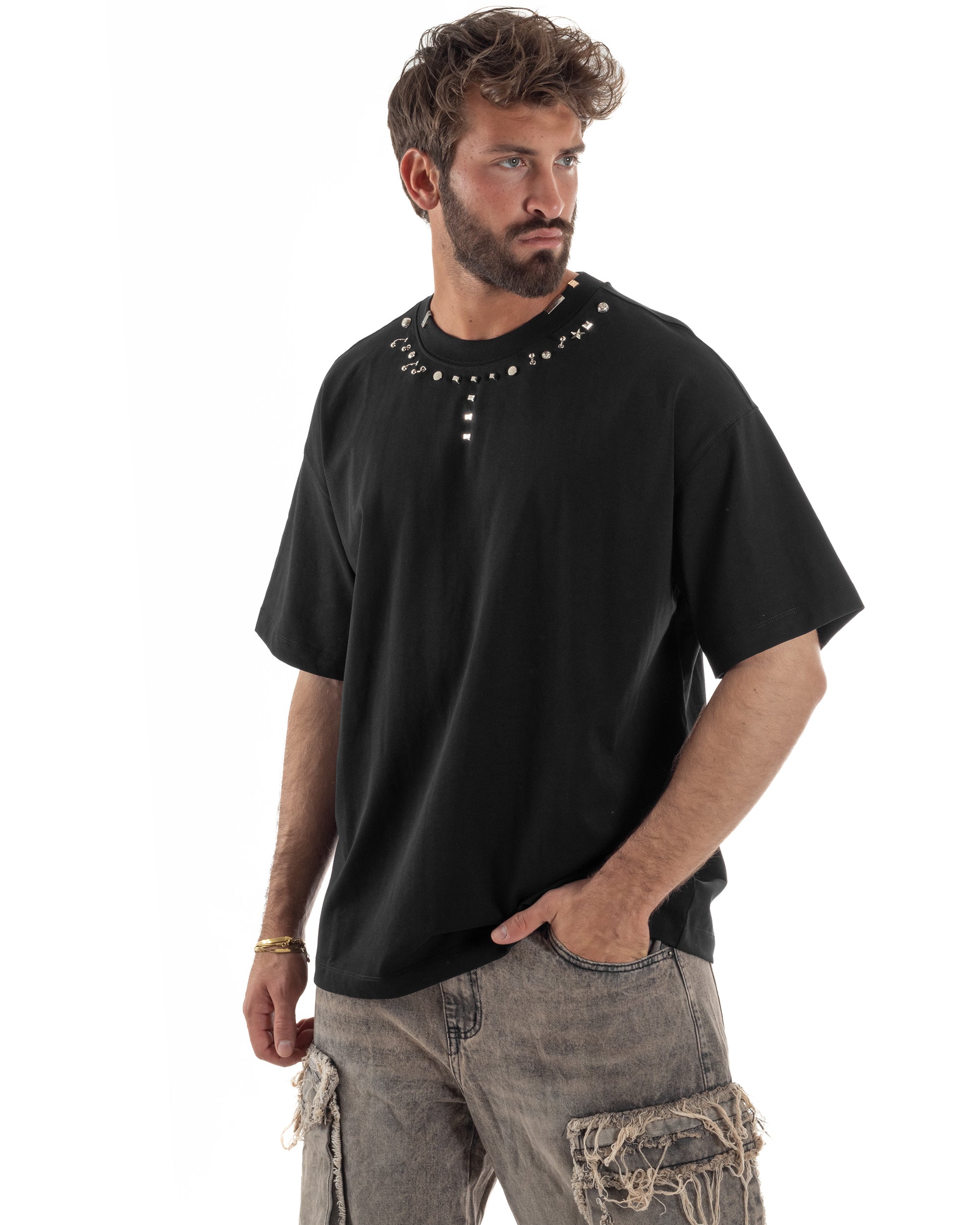 T-shirt uomo girocollo oversize borchie basic nero GIOSAL-TS3260A