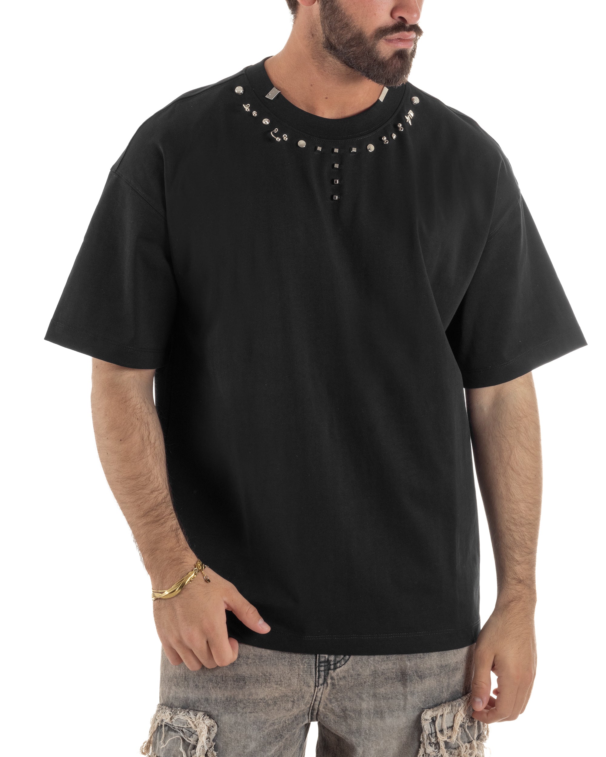 T-shirt uomo girocollo oversize borchie basic nero GIOSAL-TS3260A