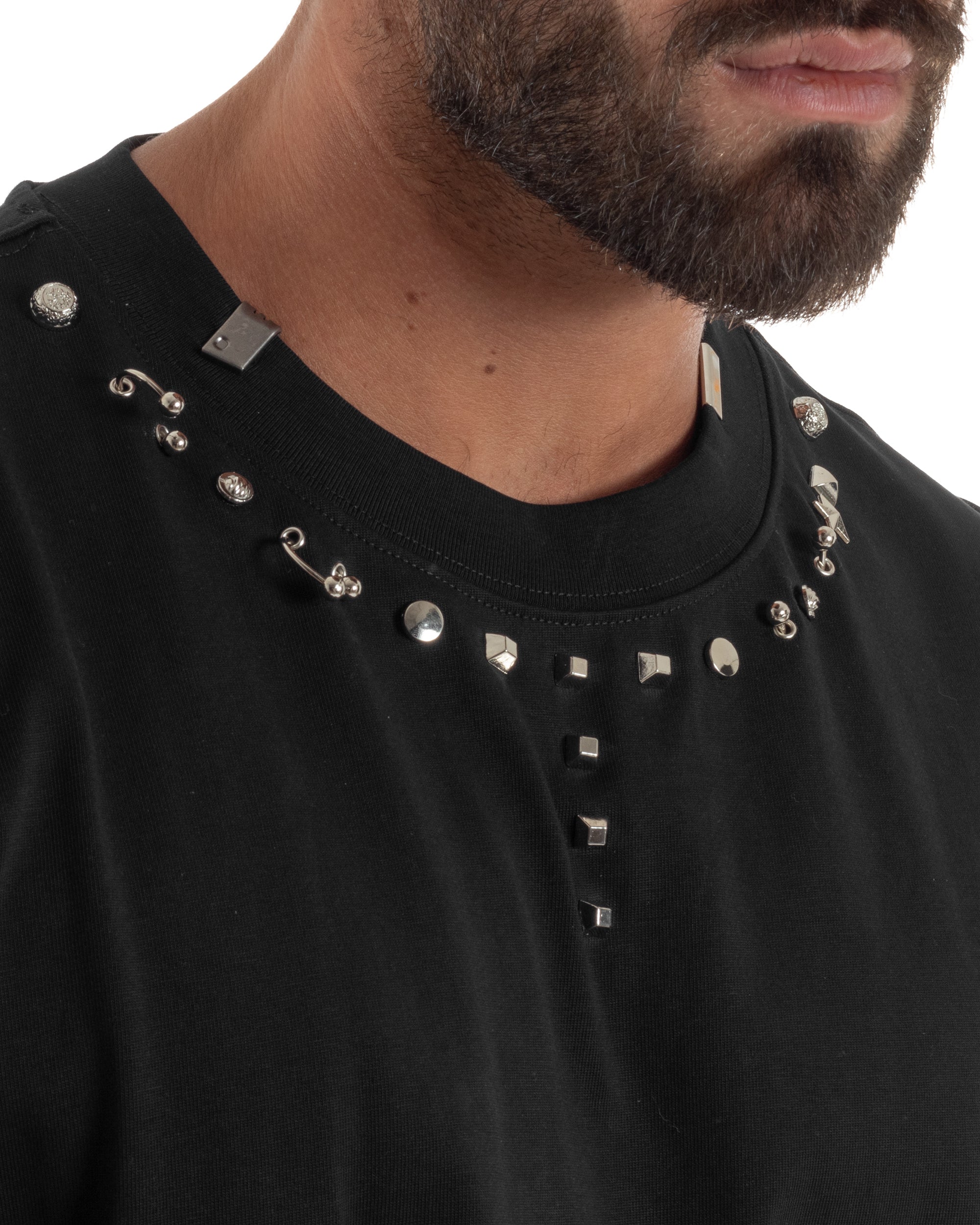 T-shirt uomo girocollo oversize borchie basic nero GIOSAL-TS3260A