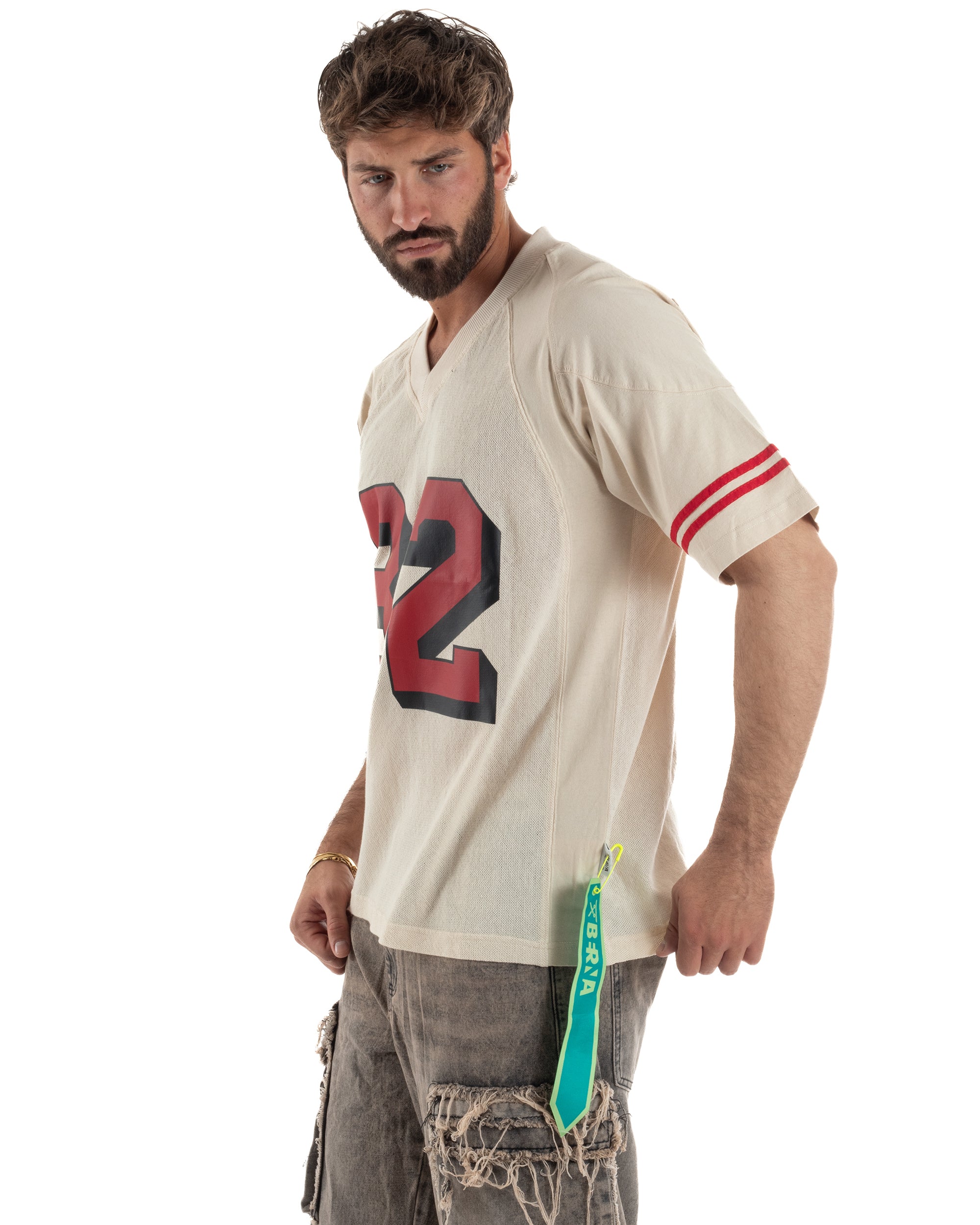 T-shirt uomo vintage football jersey scollo v traforata panna BERNA M-261248