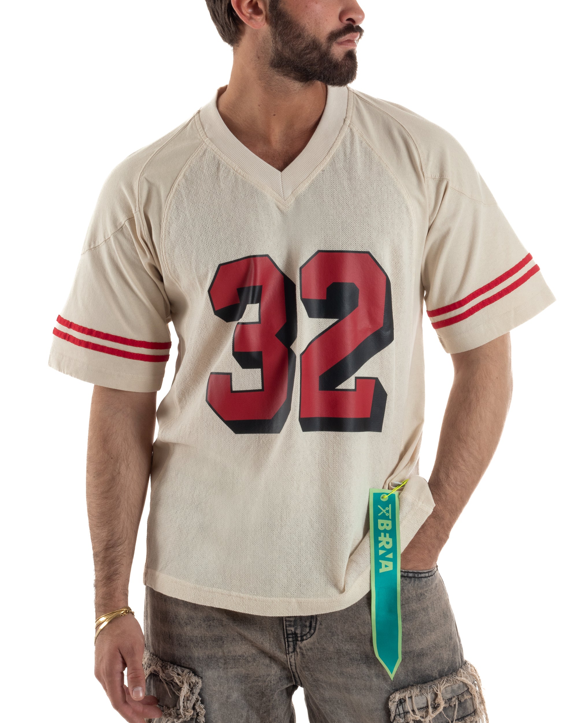 T-shirt uomo vintage football jersey scollo v traforata panna BERNA M-261248