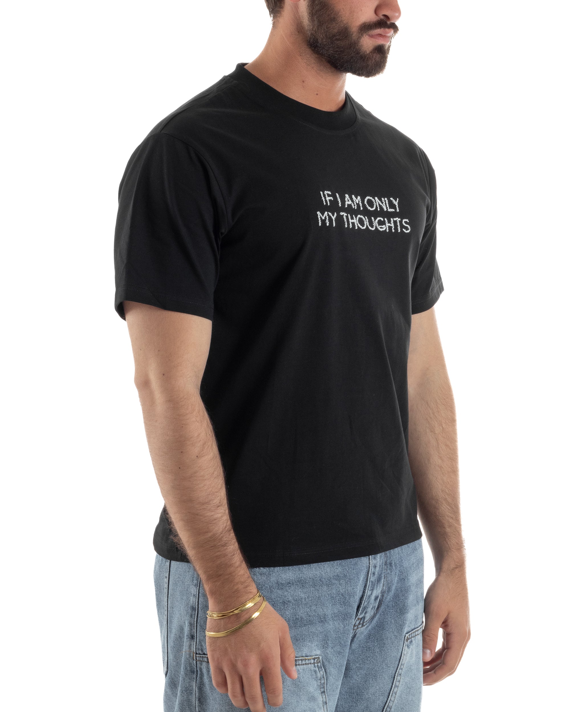 T-shirt uomo girocollo cotone ricamo stampa basic nero GIOSAL-TS3264A