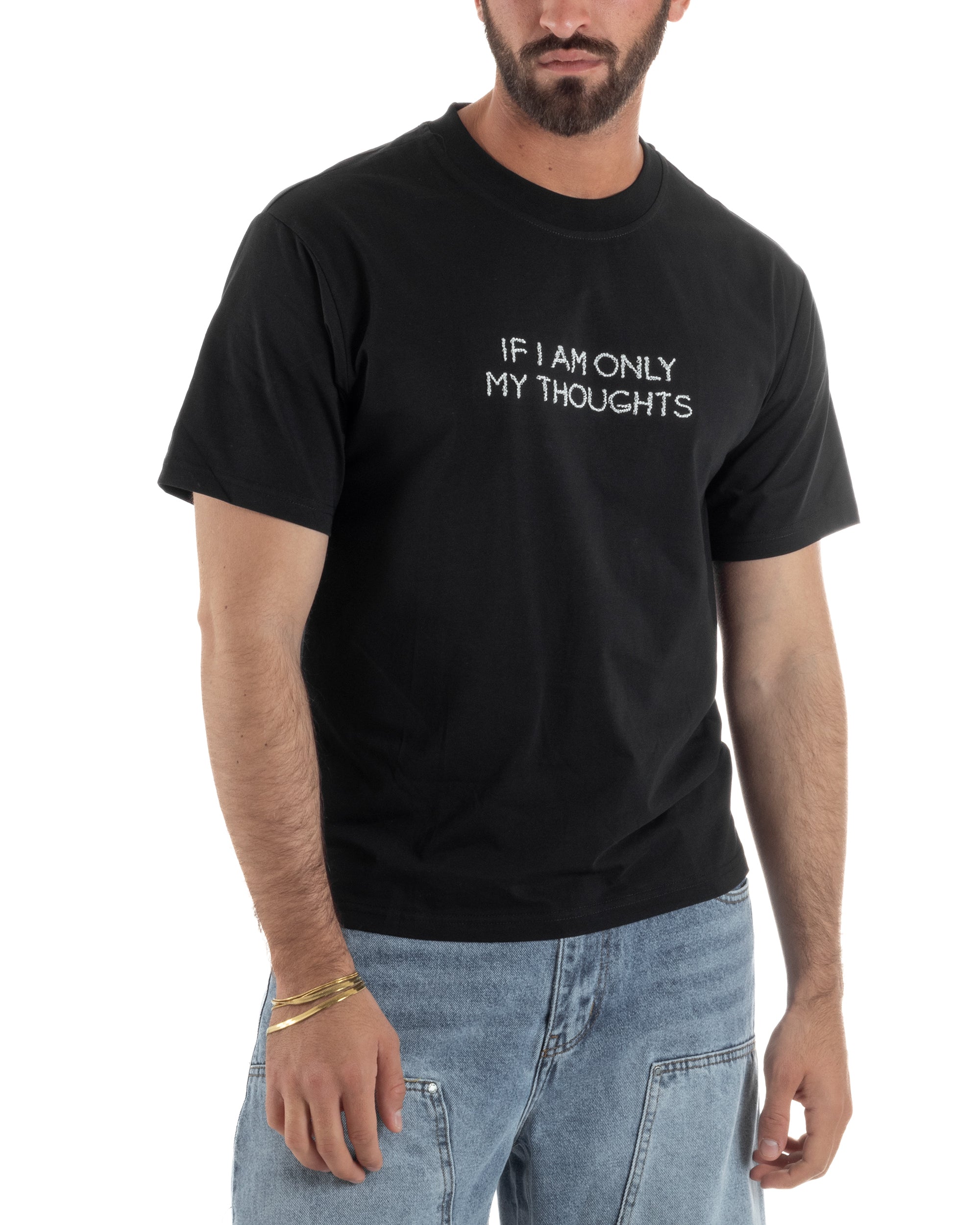 T-shirt uomo girocollo cotone ricamo stampa basic nero GIOSAL-TS3264A