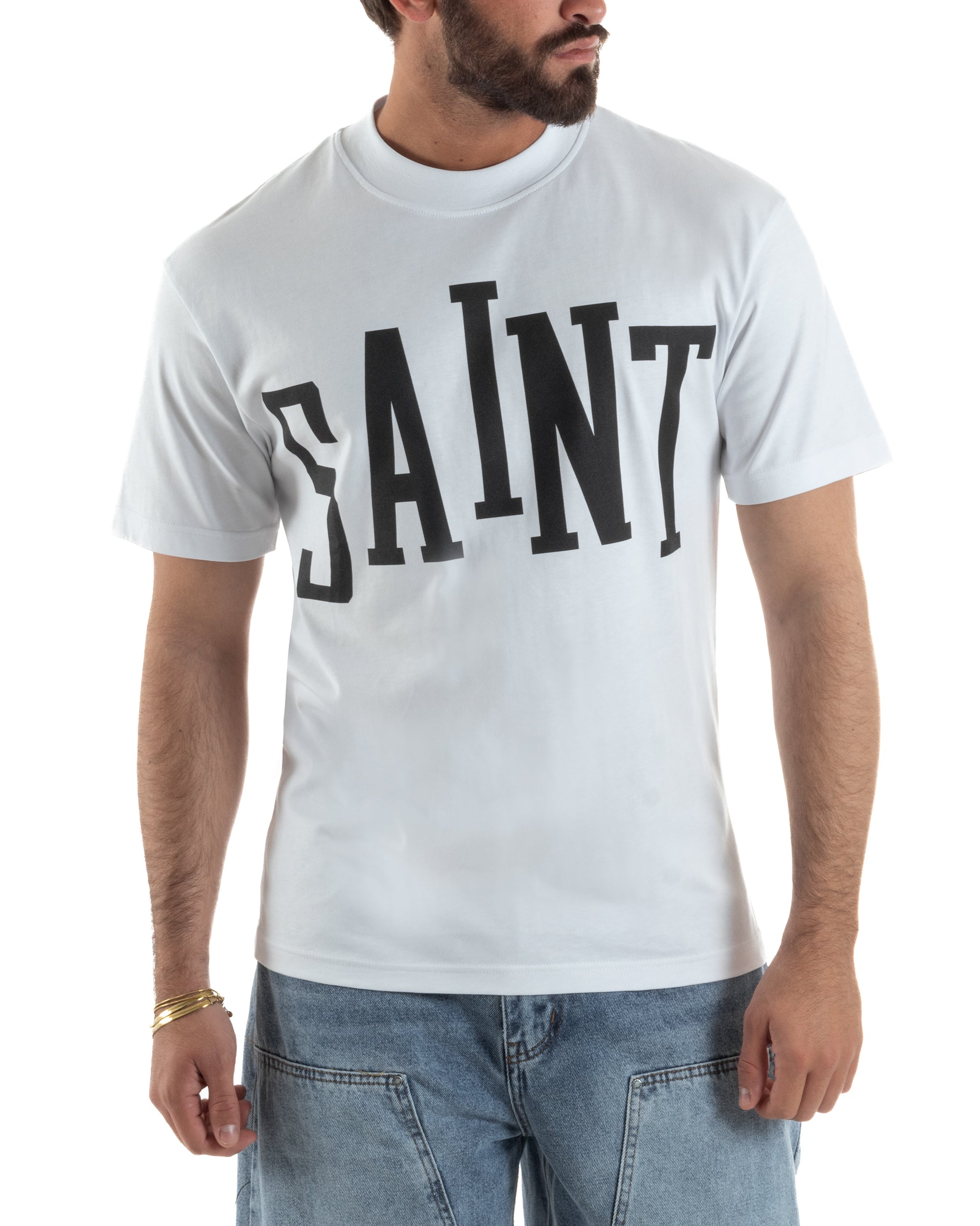 T-shirt uomo bianco regular fit maxi stampa Saint college serif arco girocollo costina cotone