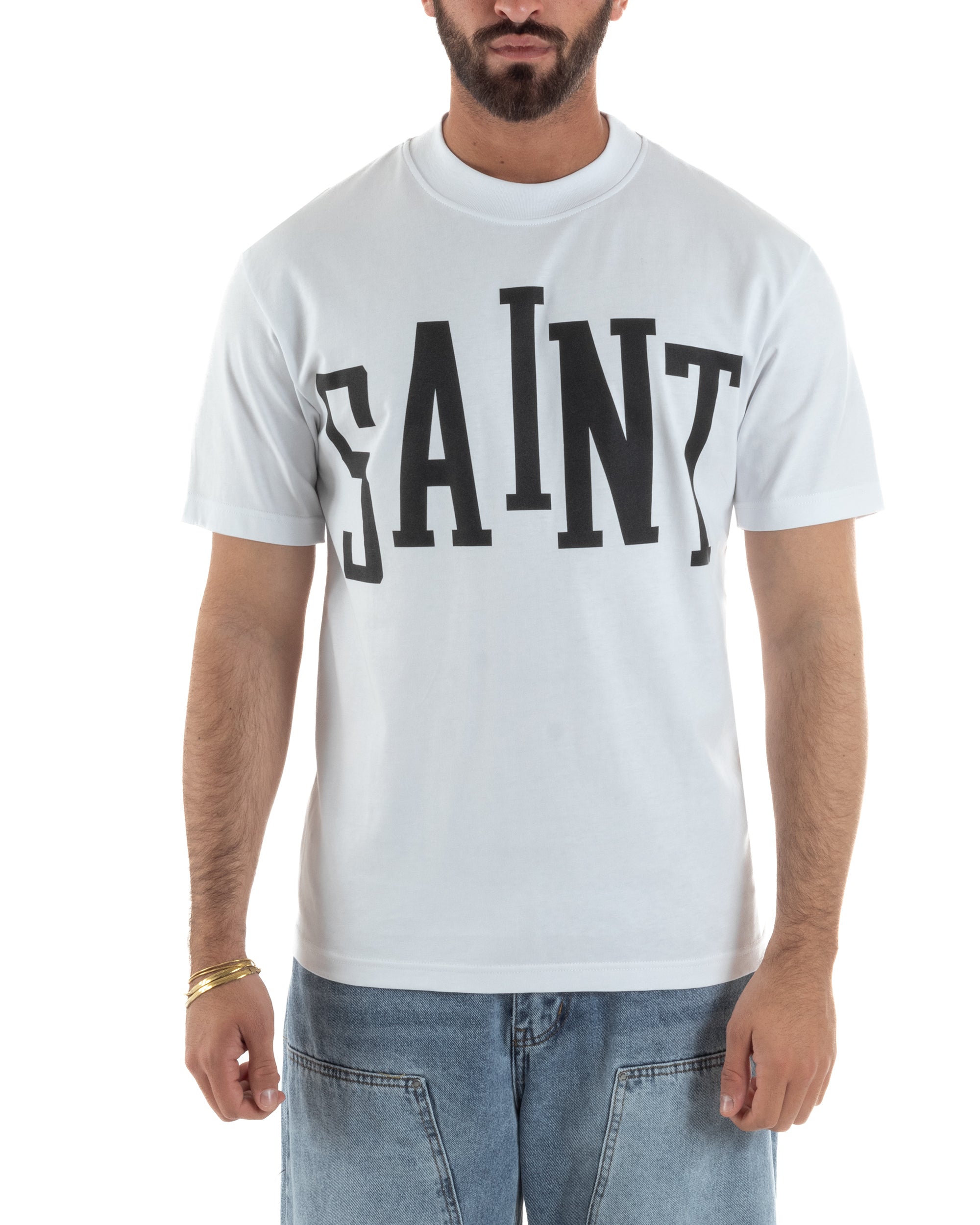 T-shirt uomo bianco regular fit maxi stampa Saint college serif arco girocollo costina cotone
