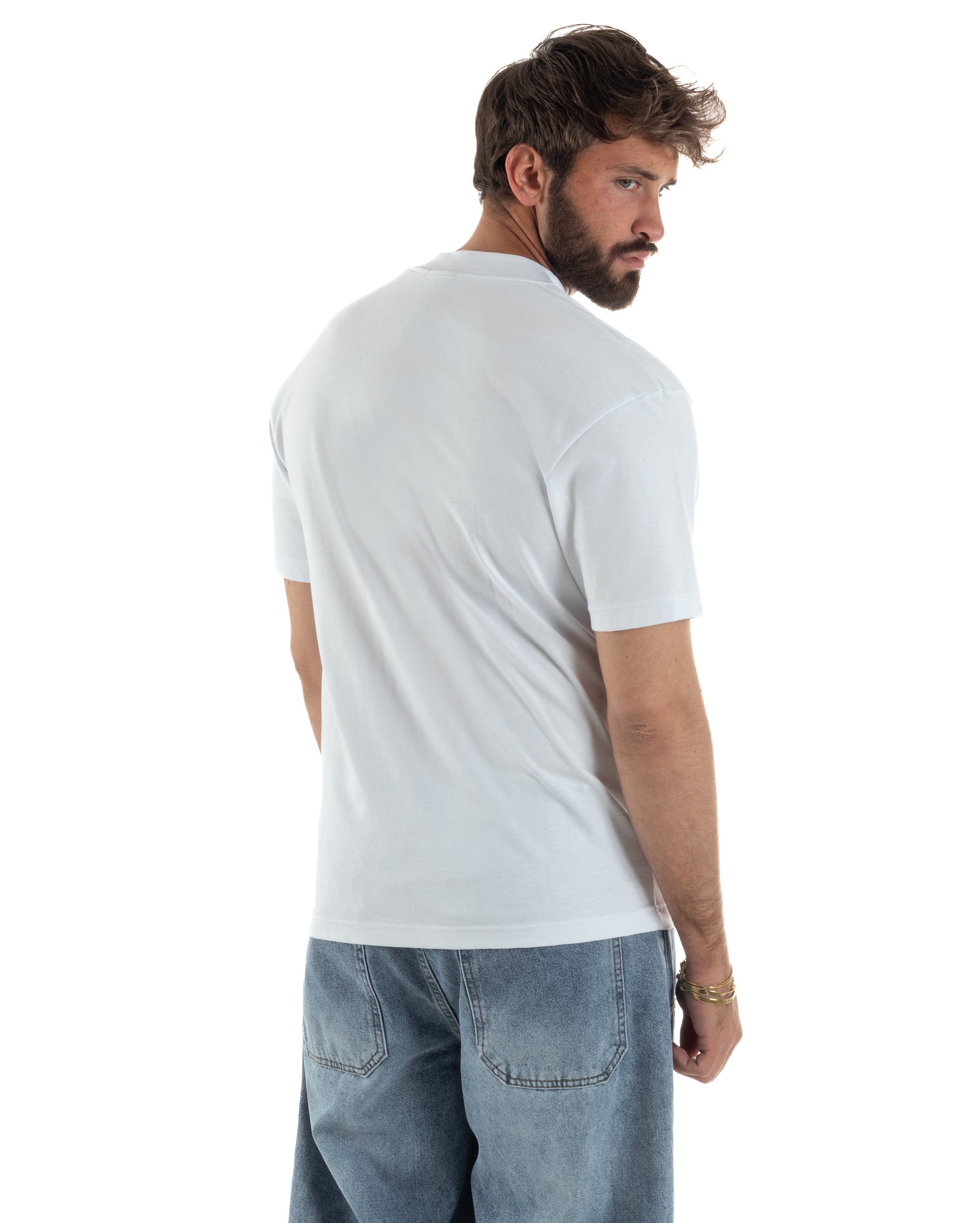 Vista laterale t-shirt uomo bianco regular fit girocollo costina doppia orlo dritto made in Italy