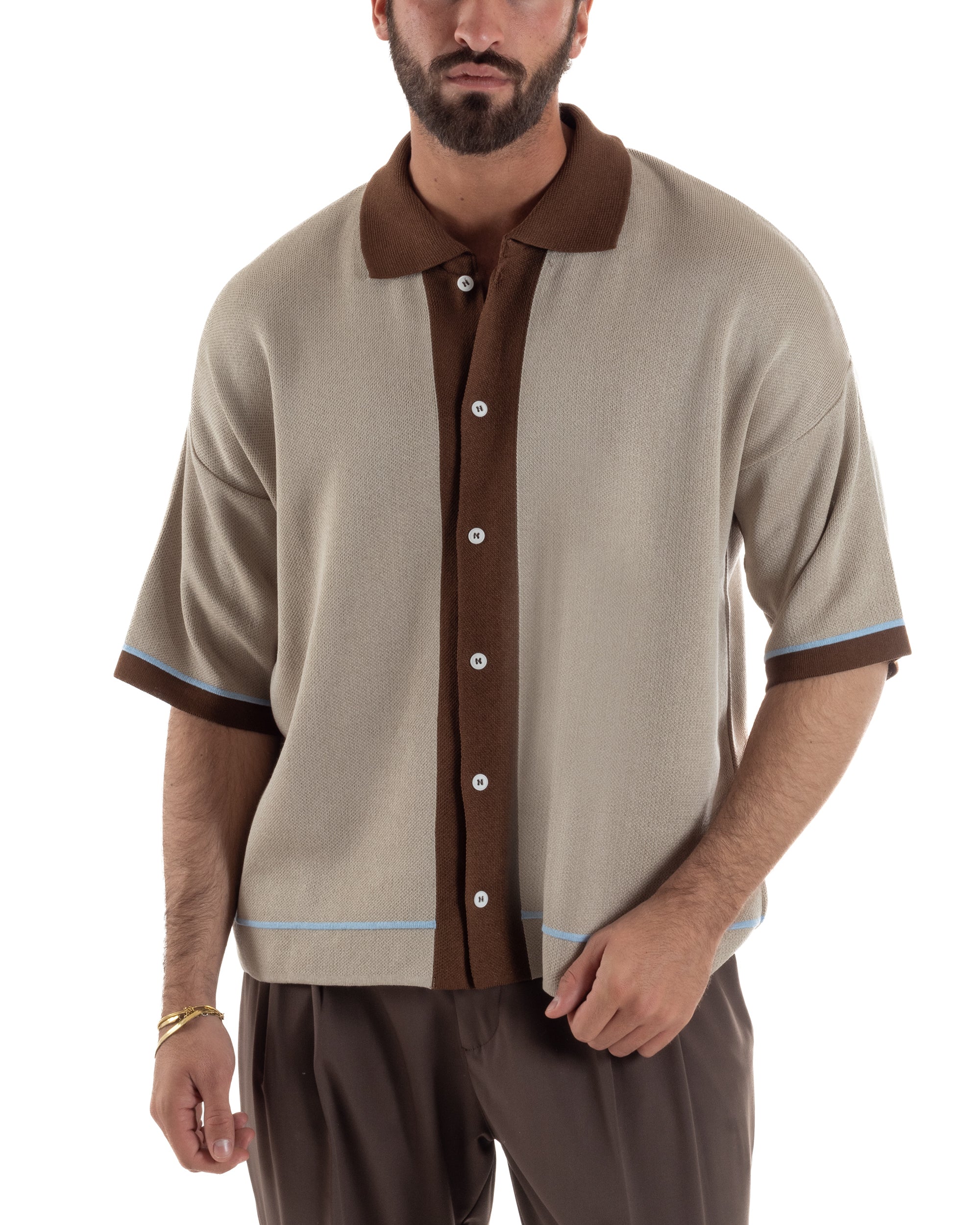 Polo uomo maglia filo boxy oversize colletto con bottoni beige BlackSunday TS3267A