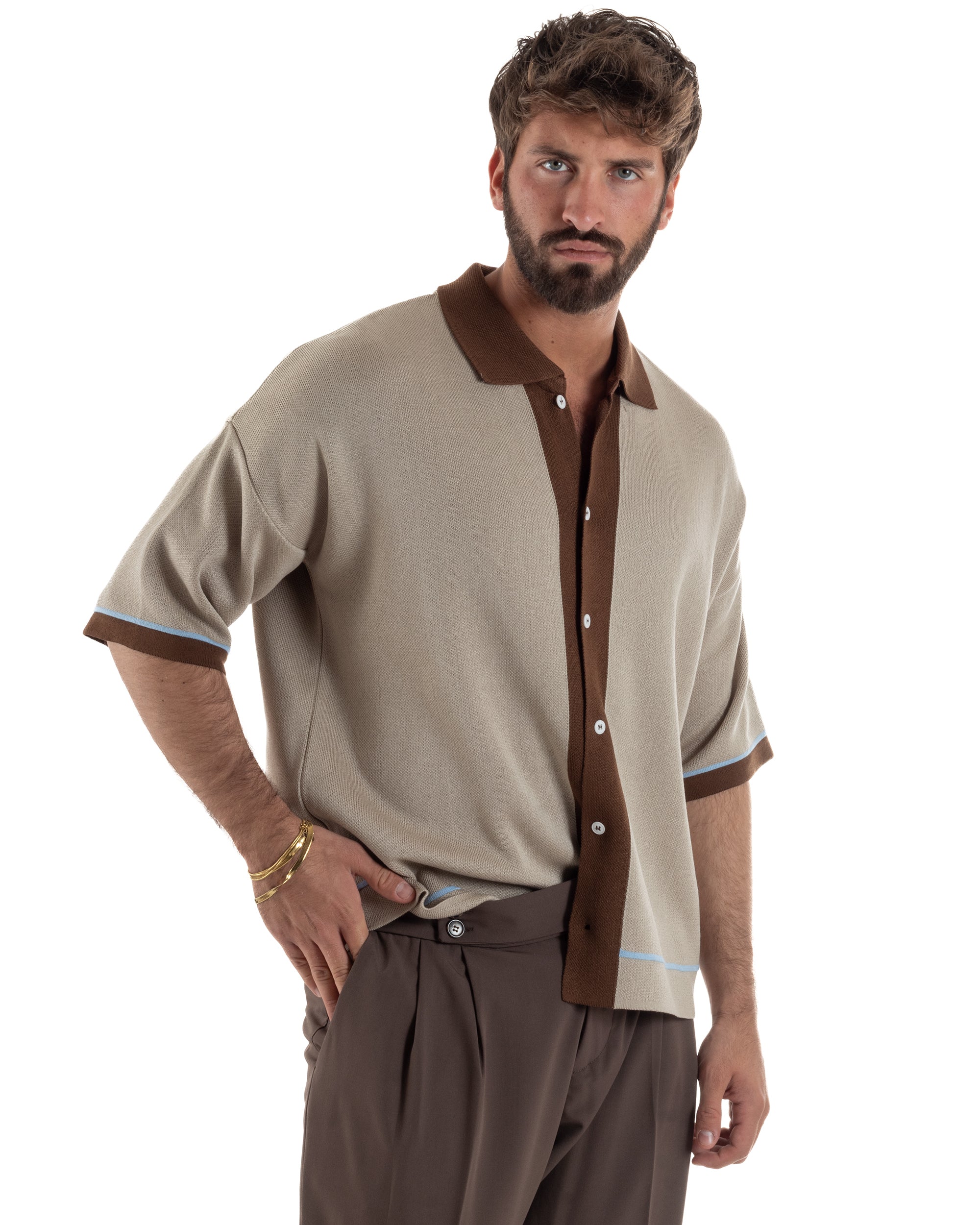 Polo uomo maglia filo boxy oversize colletto con bottoni beige BlackSunday TS3267A