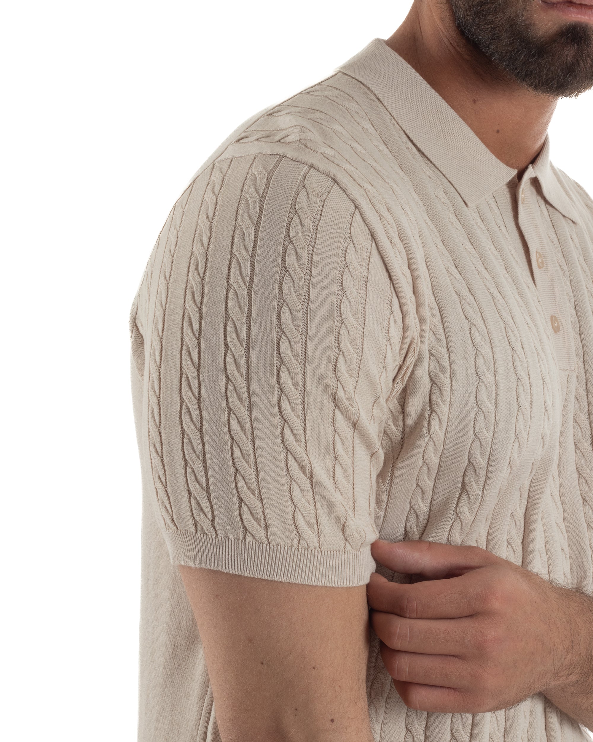Polo uomo filo maglia trecce colletto con bottoni t-shirt sottogiacca beige GIOSAL-TS3268A