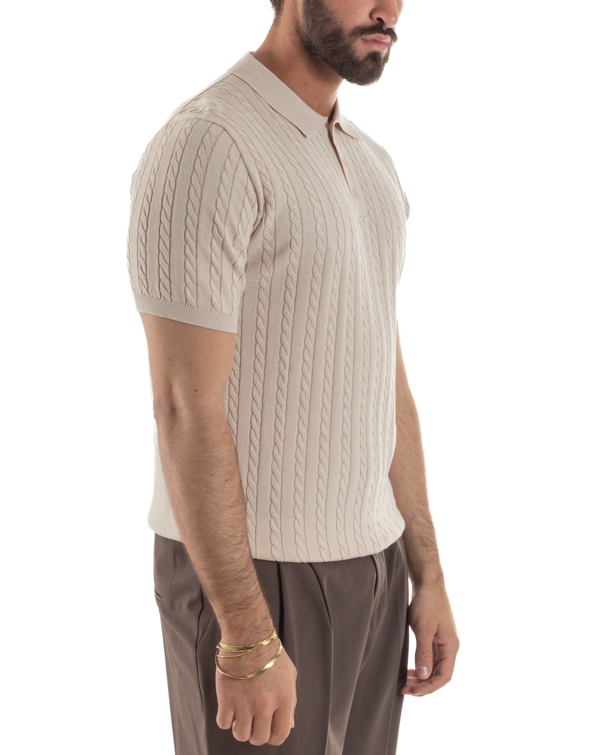 Polo uomo filo maglia trecce colletto con bottoni t-shirt sottogiacca beige GIOSAL-TS3268A