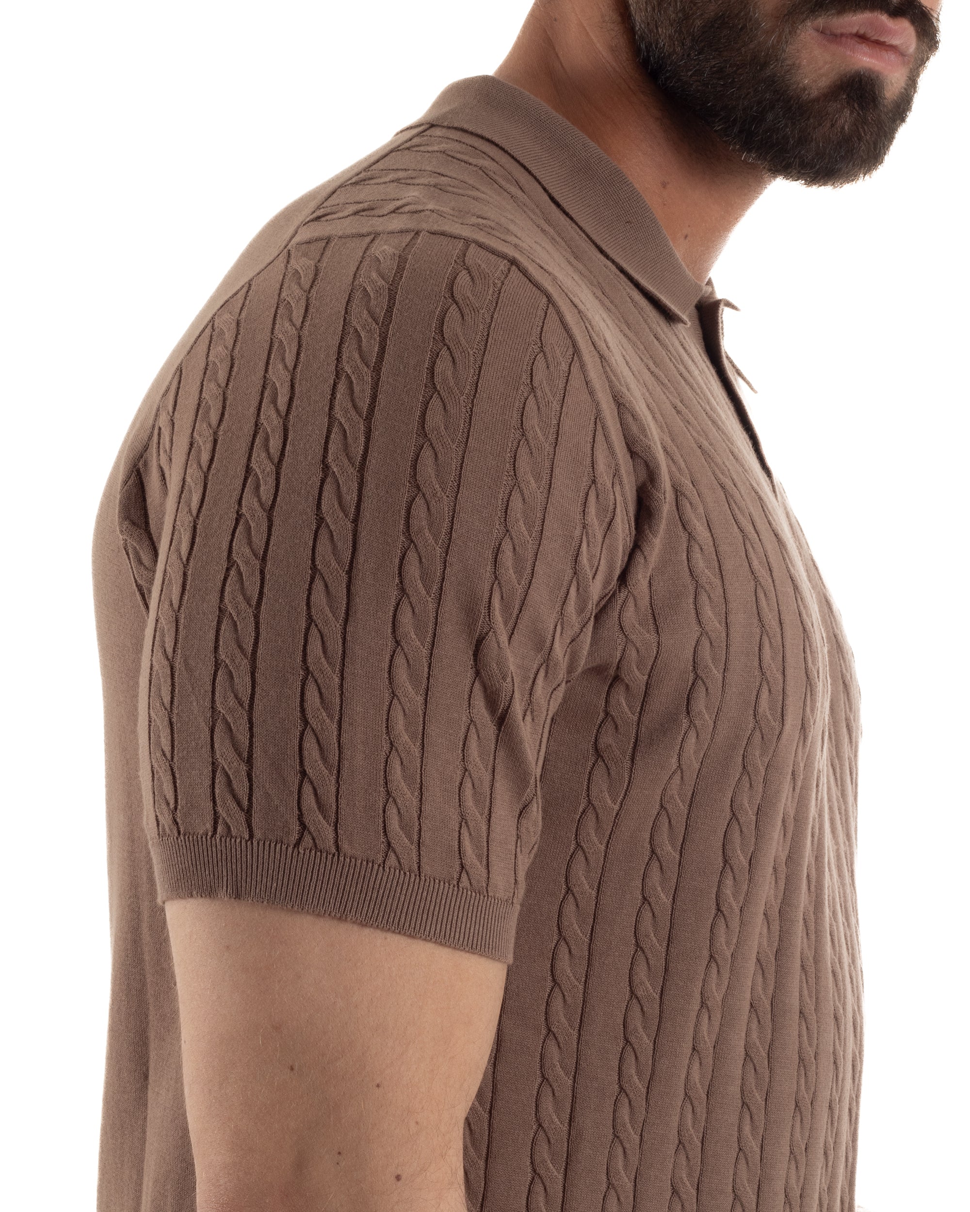 Polo uomo filo maglia trecce colletto con bottoni t-shirt sottogiacca marrone GIOSAL-TS3269A