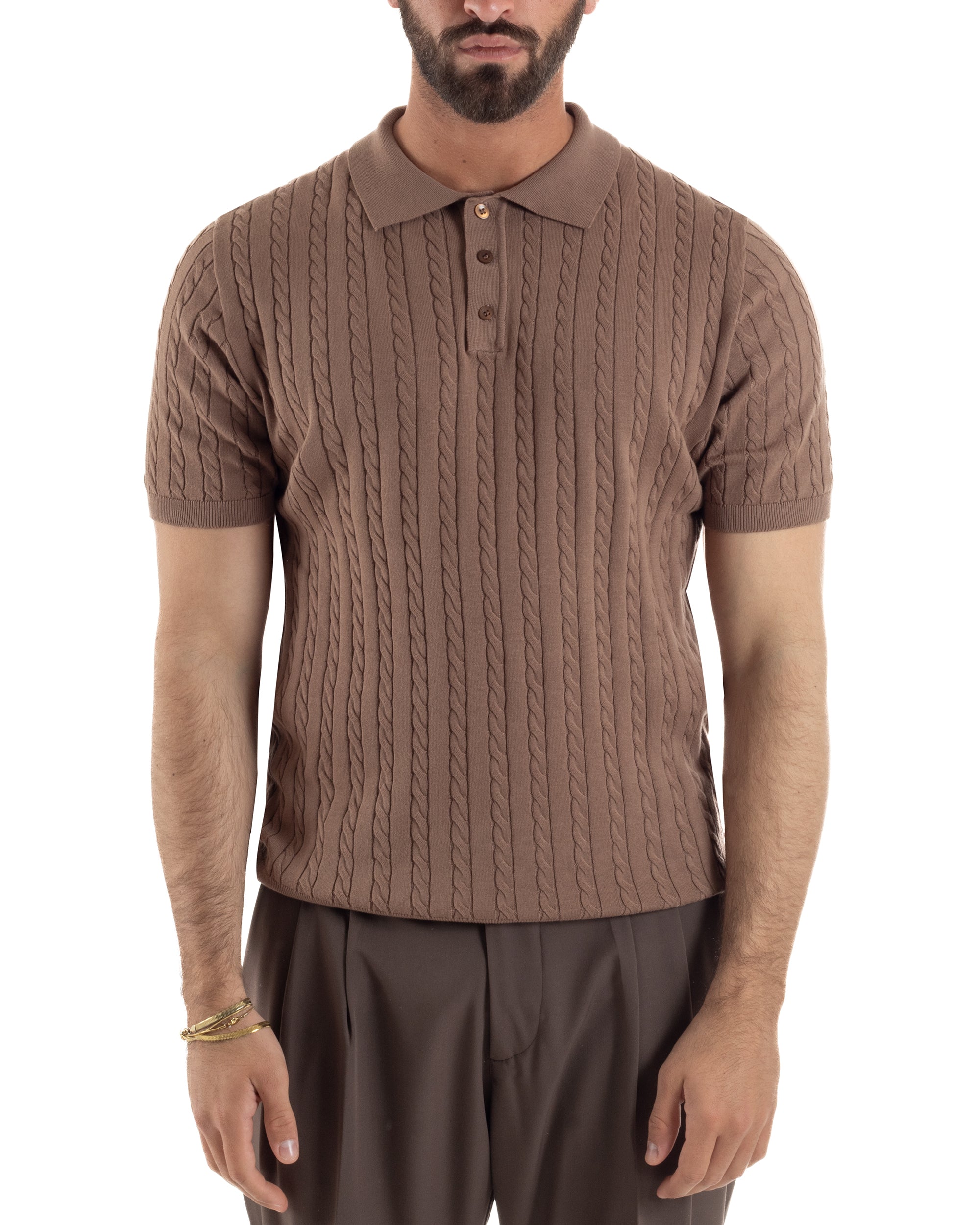 Polo uomo filo maglia trecce colletto con bottoni t-shirt sottogiacca marrone GIOSAL-TS3269A