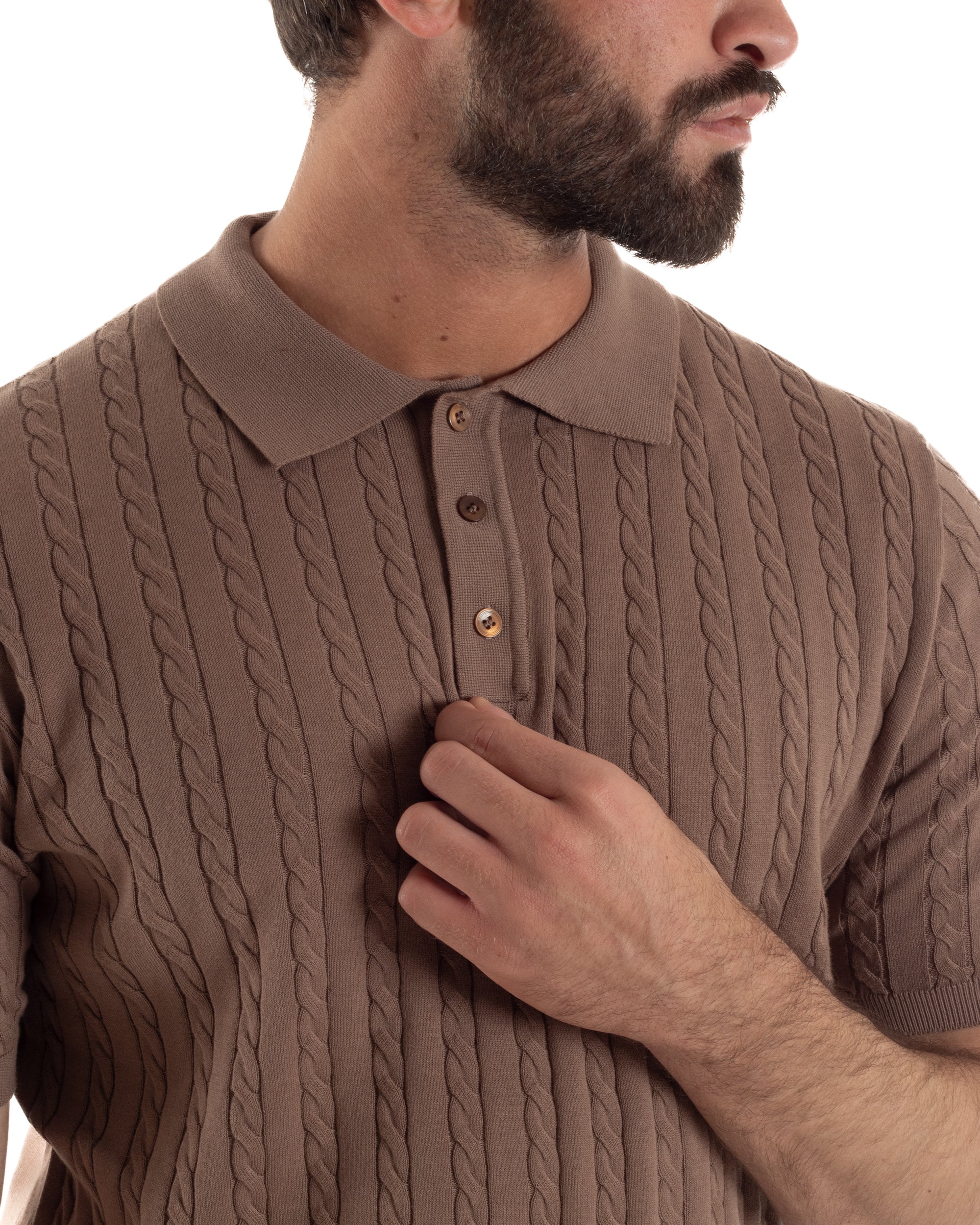 Polo uomo filo maglia trecce colletto con bottoni t-shirt sottogiacca marrone GIOSAL-TS3269A
