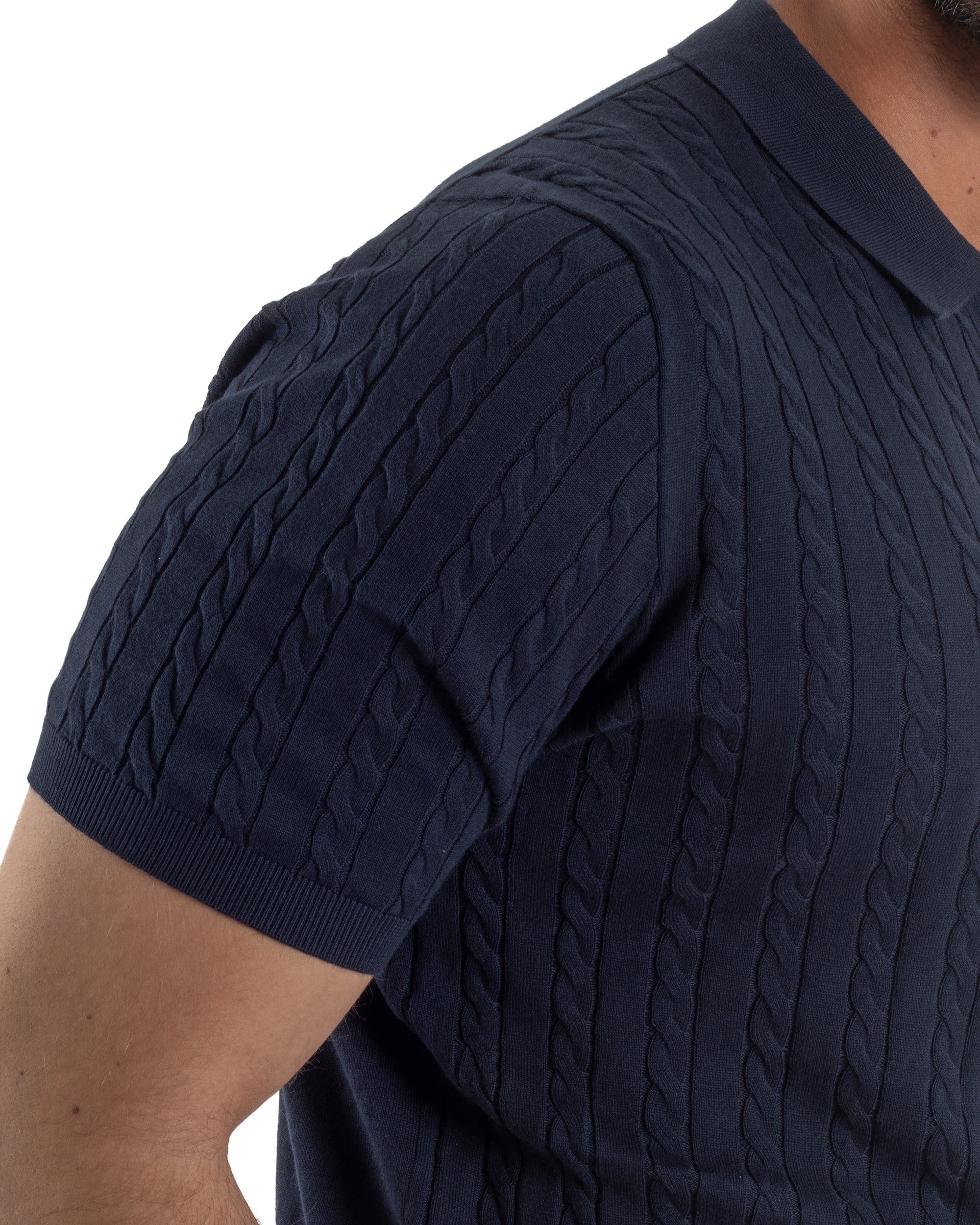 Polo uomo filo maglia trecce colletto con bottoni t-shirt sottogiacca blu GIOSAL-TS3270A