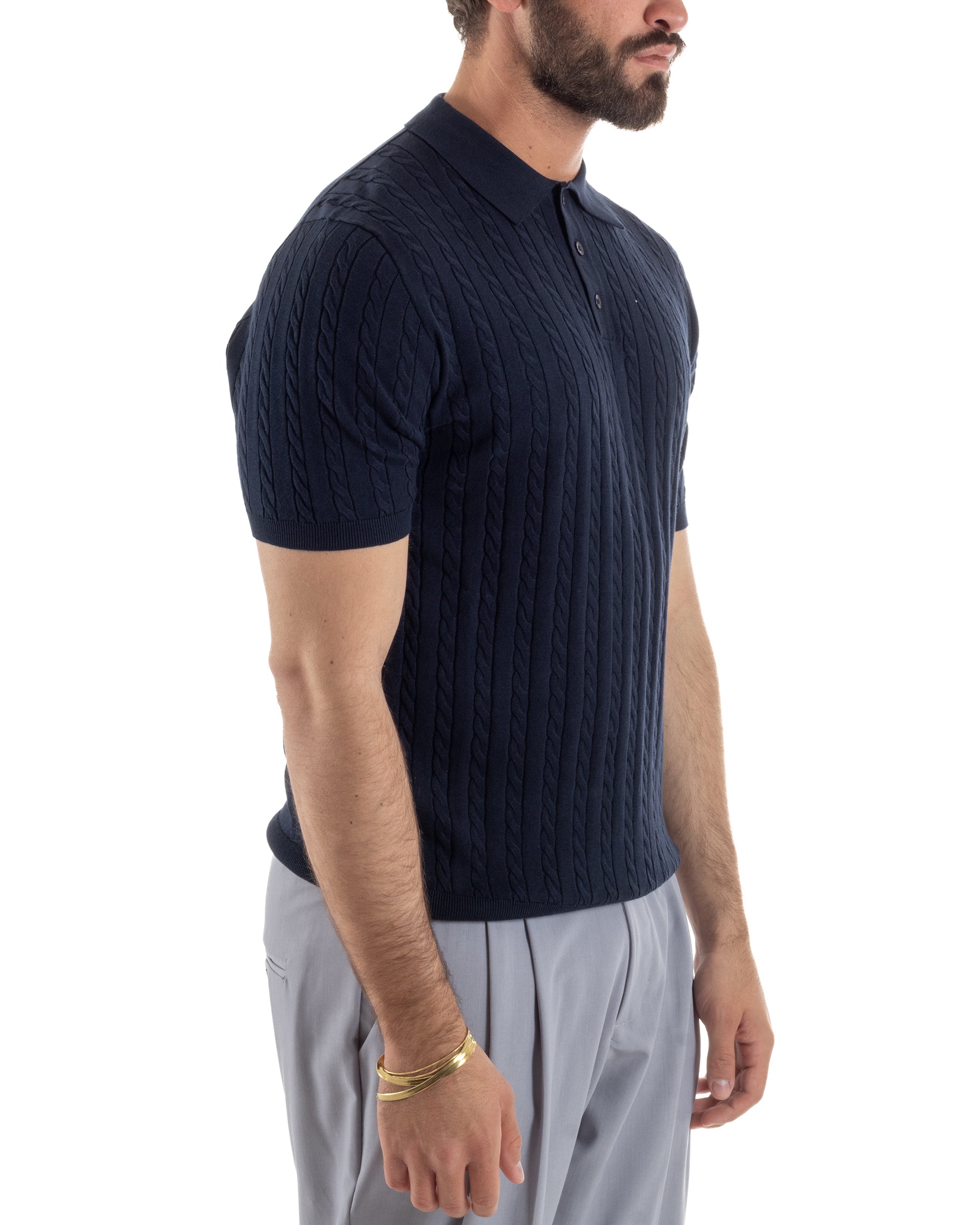 Polo uomo filo maglia trecce colletto con bottoni t-shirt sottogiacca blu GIOSAL-TS3270A