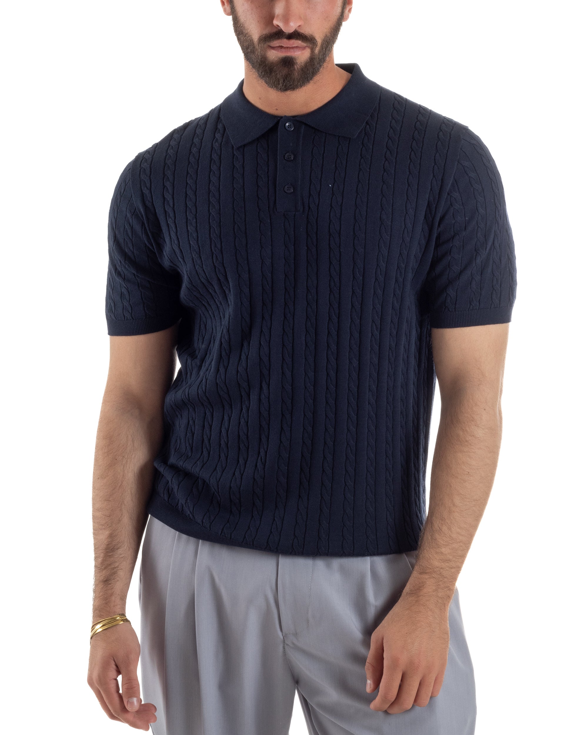 Polo uomo filo maglia trecce colletto con bottoni t-shirt sottogiacca blu GIOSAL-TS3270A