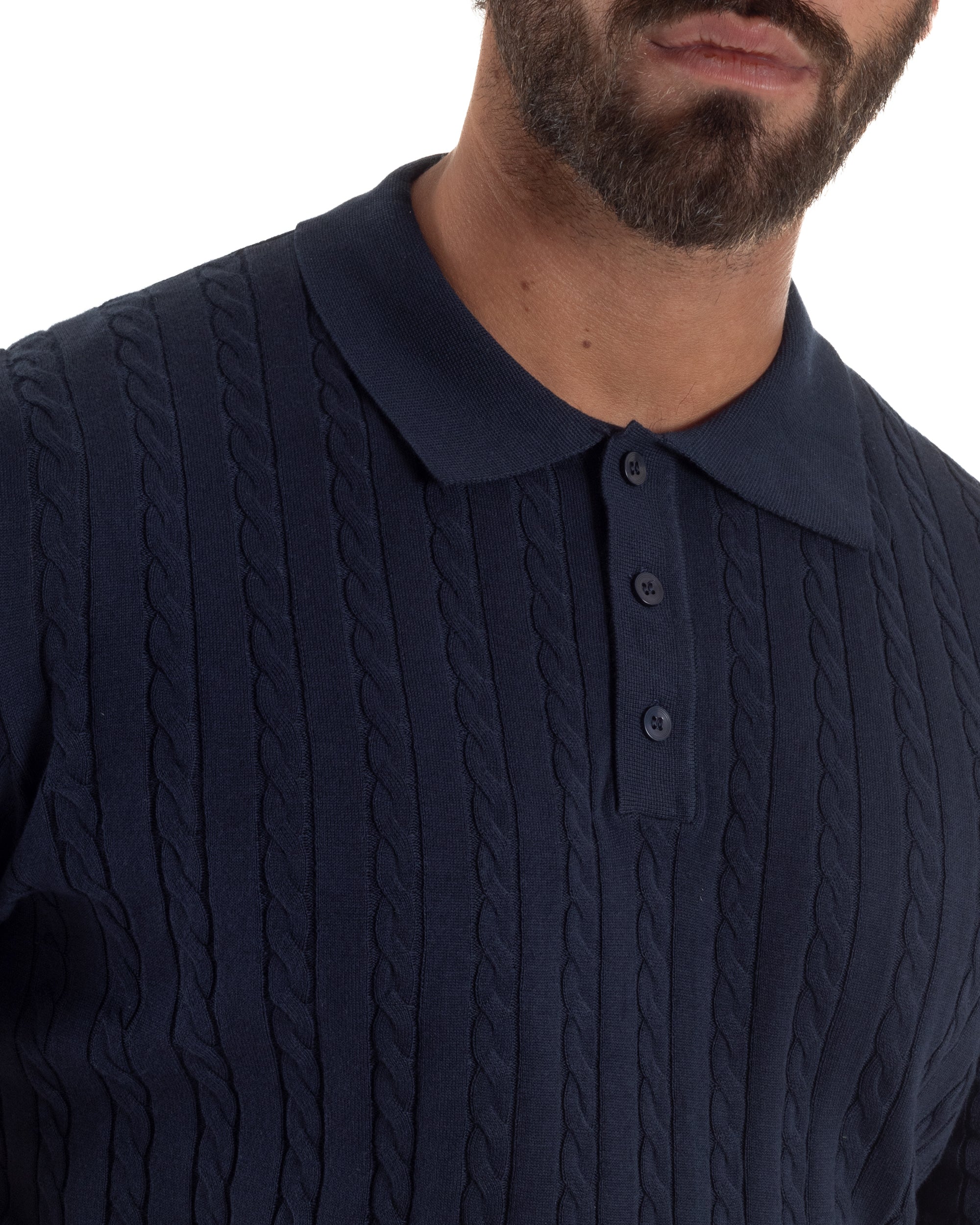 Polo uomo filo maglia trecce colletto con bottoni t-shirt sottogiacca blu GIOSAL-TS3270A