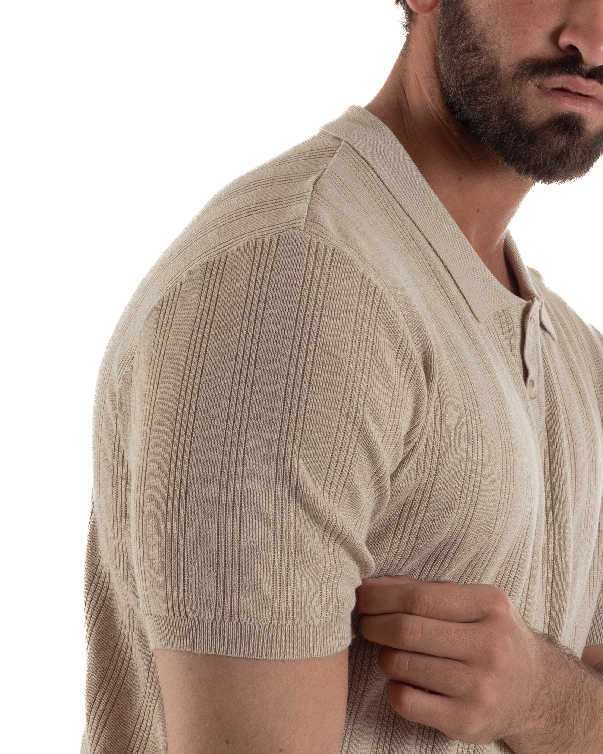 Polo uomo filo maglia costine colletto con bottoni t-shirt sottogiacca beige GIOSAL-TS3271A