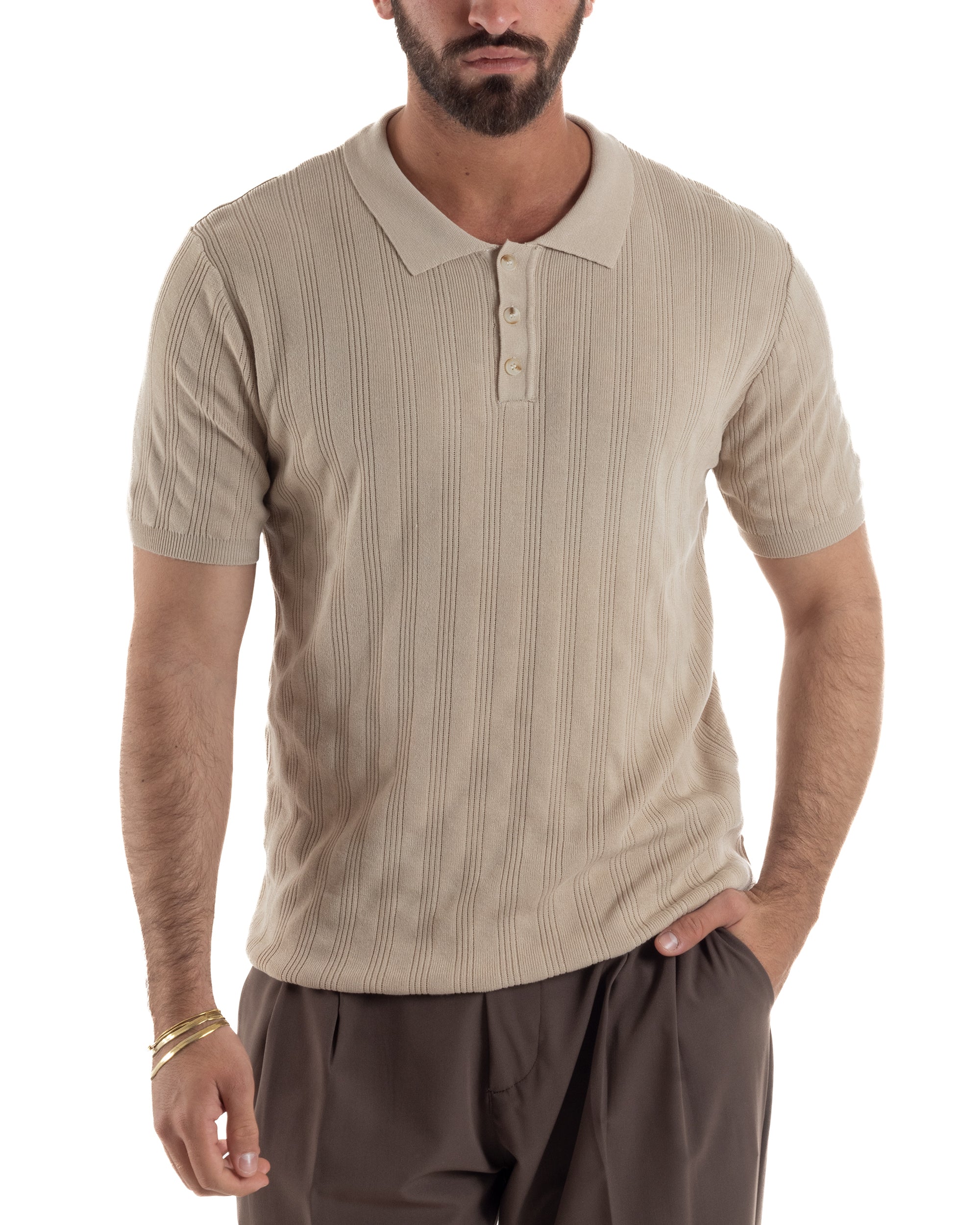 Polo uomo filo maglia costine colletto con bottoni t-shirt sottogiacca beige GIOSAL-TS3271A