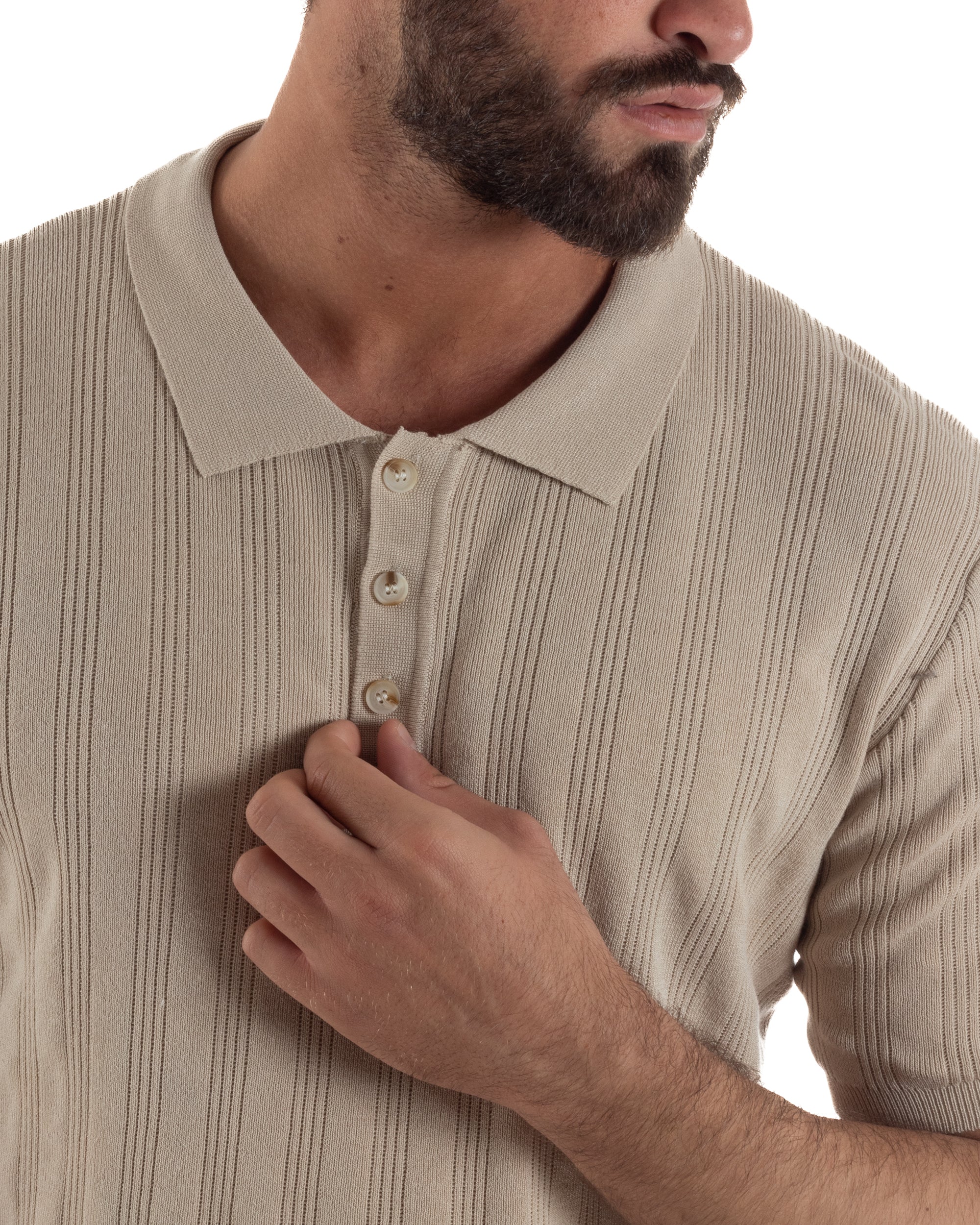 Polo uomo filo maglia costine colletto con bottoni t-shirt sottogiacca beige GIOSAL-TS3271A